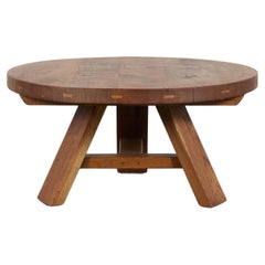 Mid-Century Pierre Chapo Style Brutalist Oak Coffee Table, Tripod Base