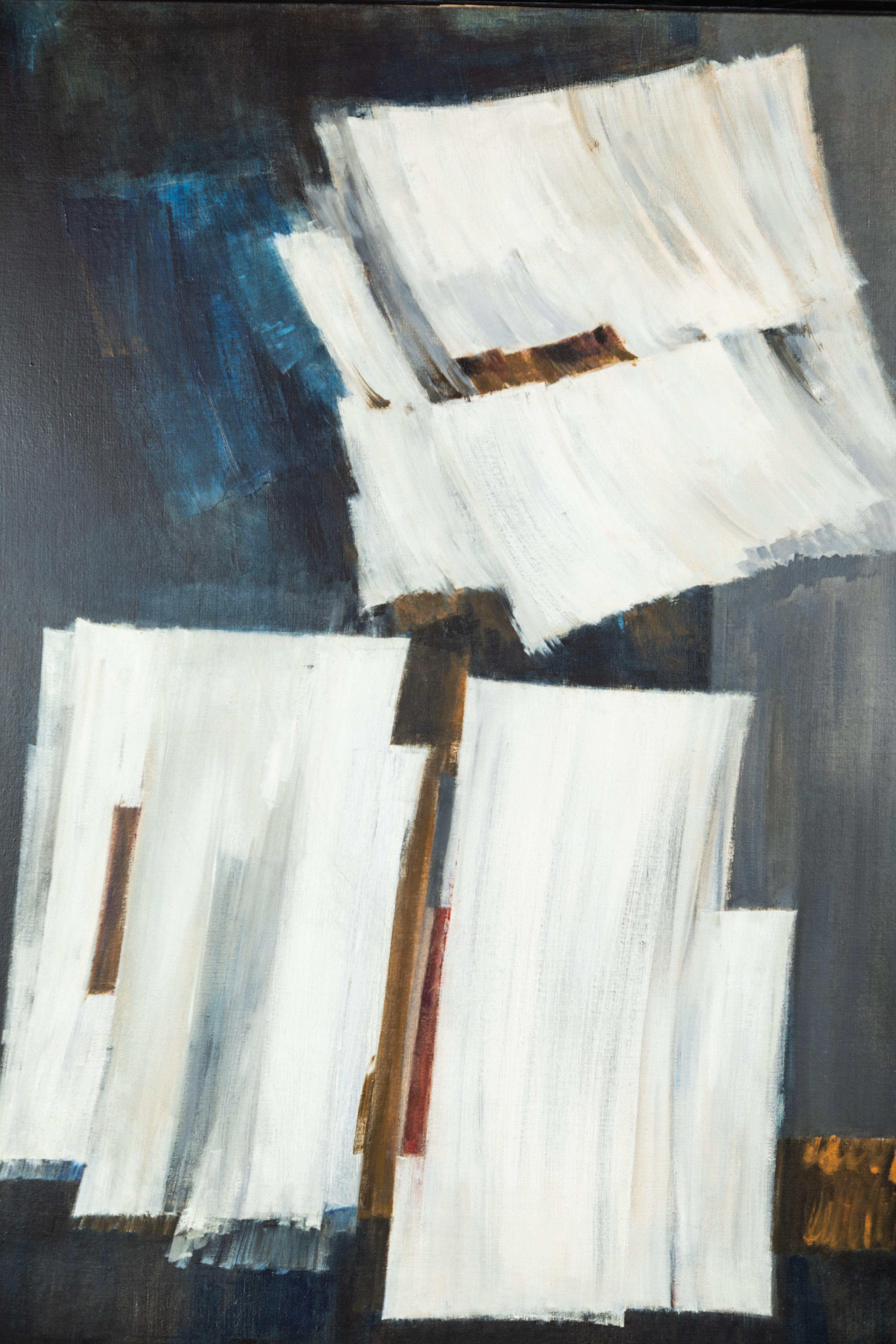 Signed, dated, 1959, oil-on-canvas painting by listed, well-exhibited, French, Lyrical Abstraction painter, Pierre Fichet (1927-2007). Select group exhibitions: Paris Biennale, France, 1959; Young French Painters, Cincinnati Contemporary Arts