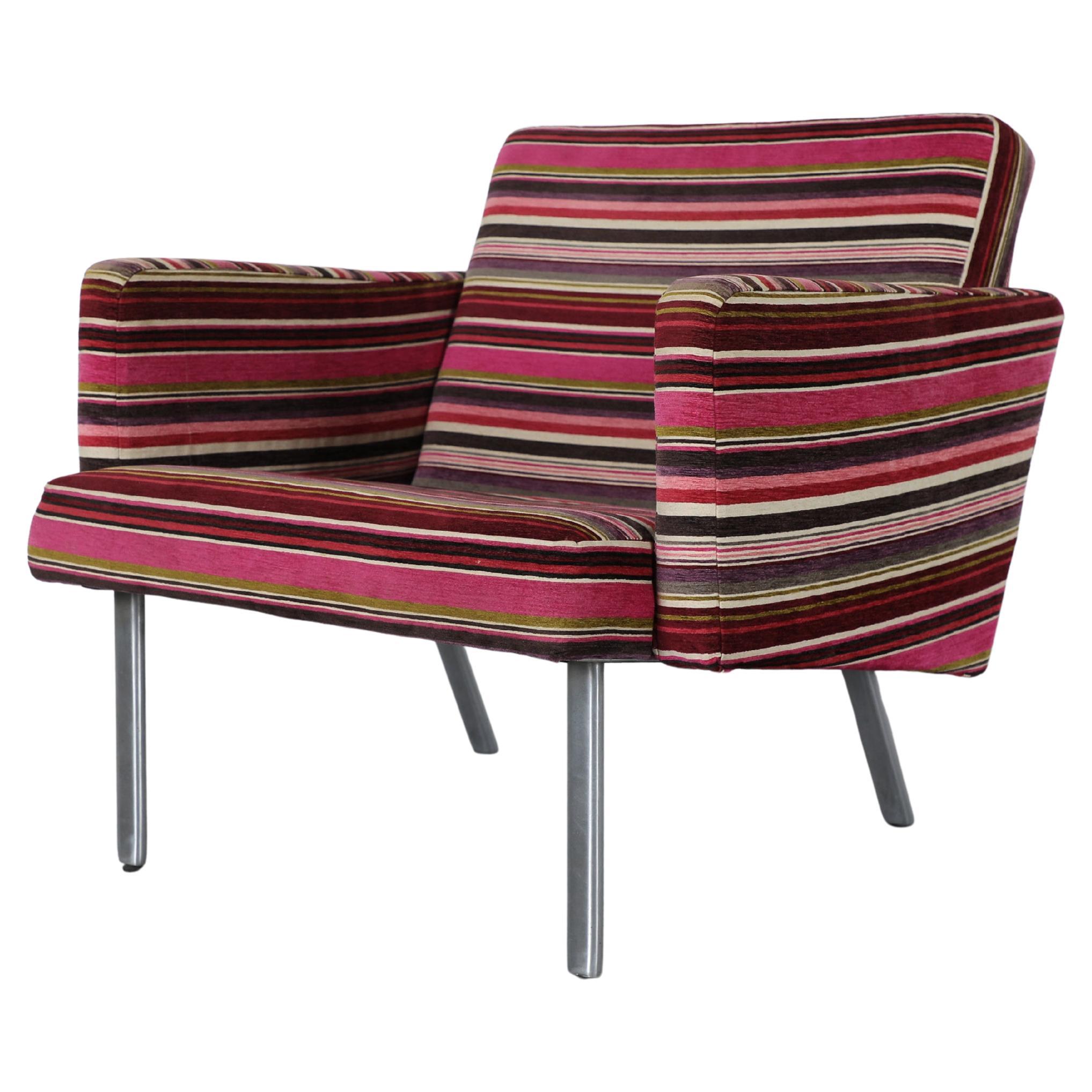 Mid-Century Pierre Guariche Style Lounge Chair, Striped Velvet, Chrome Legs