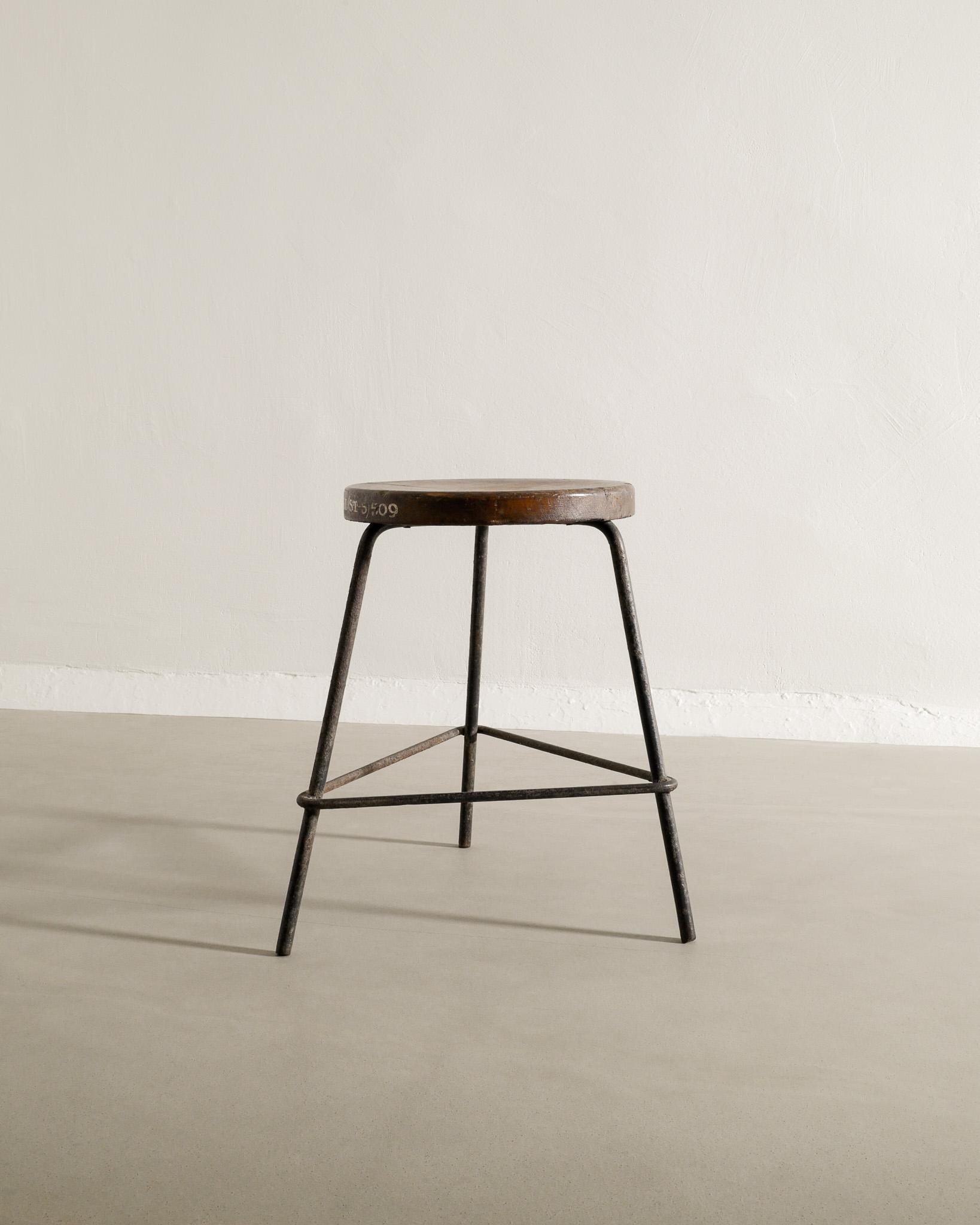 Indian Mid Century Pierre Jeanneret Stool in Teak & Iron Produced for Chandigarh, 1950s For Sale