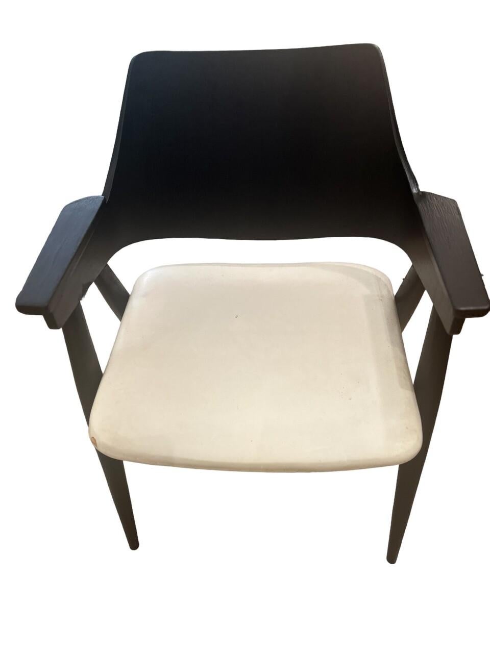Mid Century Pierre Paulin for Thonet Armchair featuring bentwood back in an ebonized finish with compass style legs. Seat needs reupholstering.