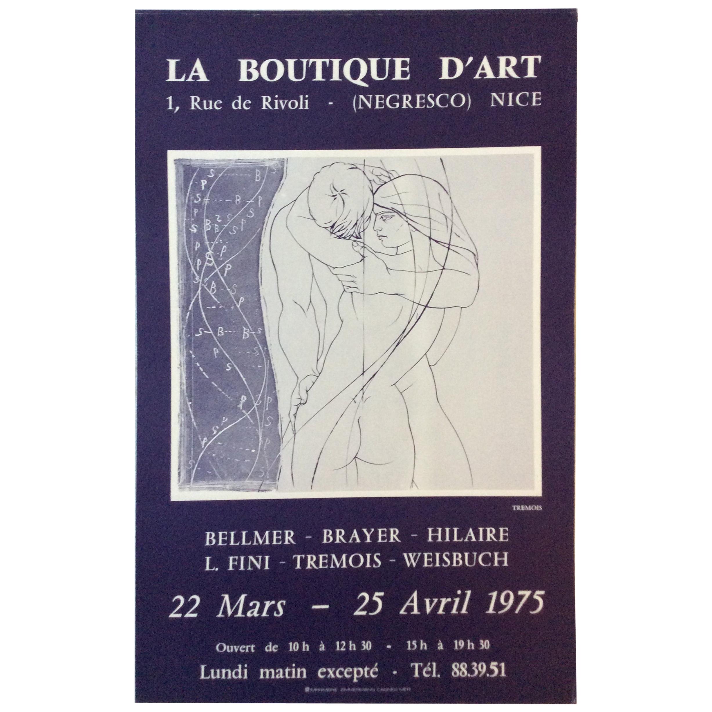 Midcentury Pierre-Yves Tremois Art Exhibition Poster, "Embracing Couple"
