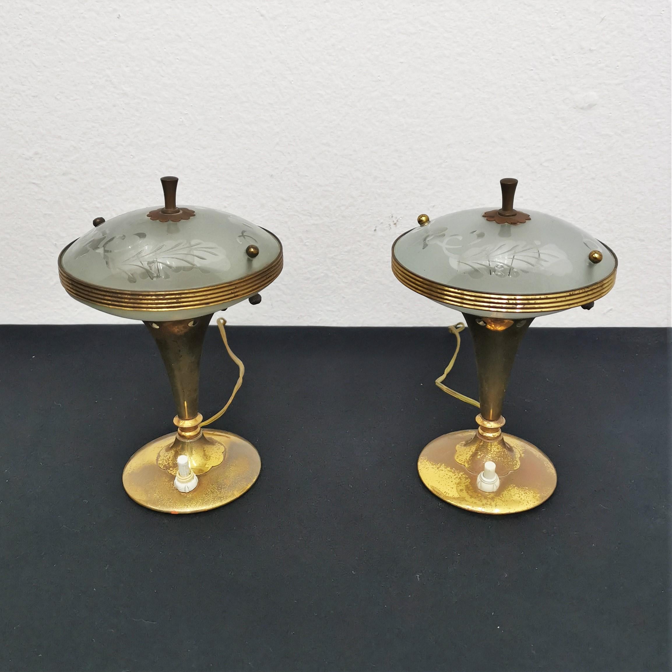 Mid-Century Pietro Chiesa Set of 2 Brass & Glass Table Lamp, 1950s, Italy In Good Condition In Palermo, IT
