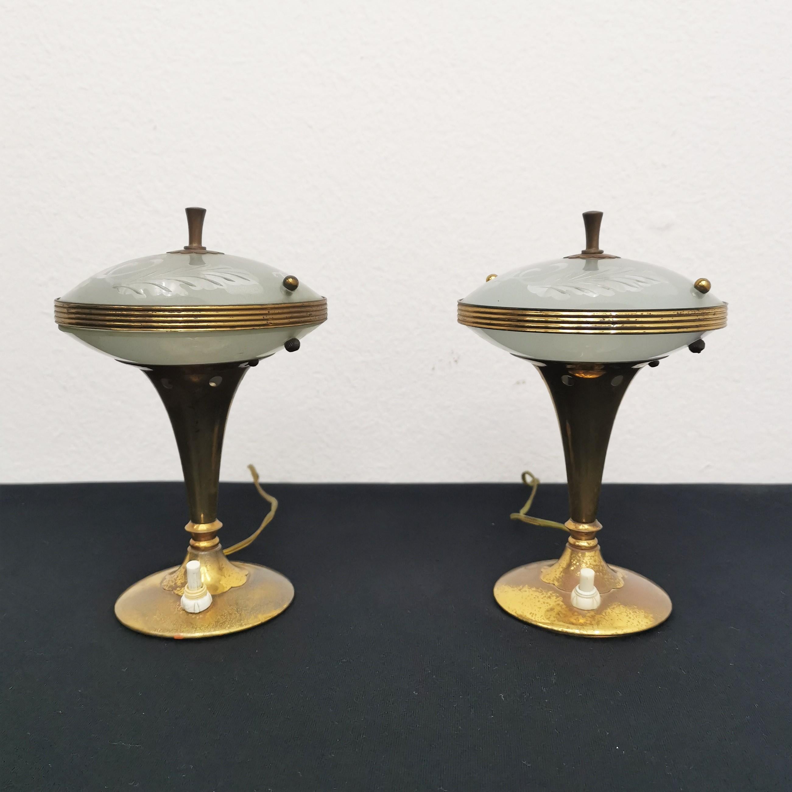 Mid-Century Pietro Chiesa Set of 2 Brass & Glass Table Lamp, 1950s, Italy 3