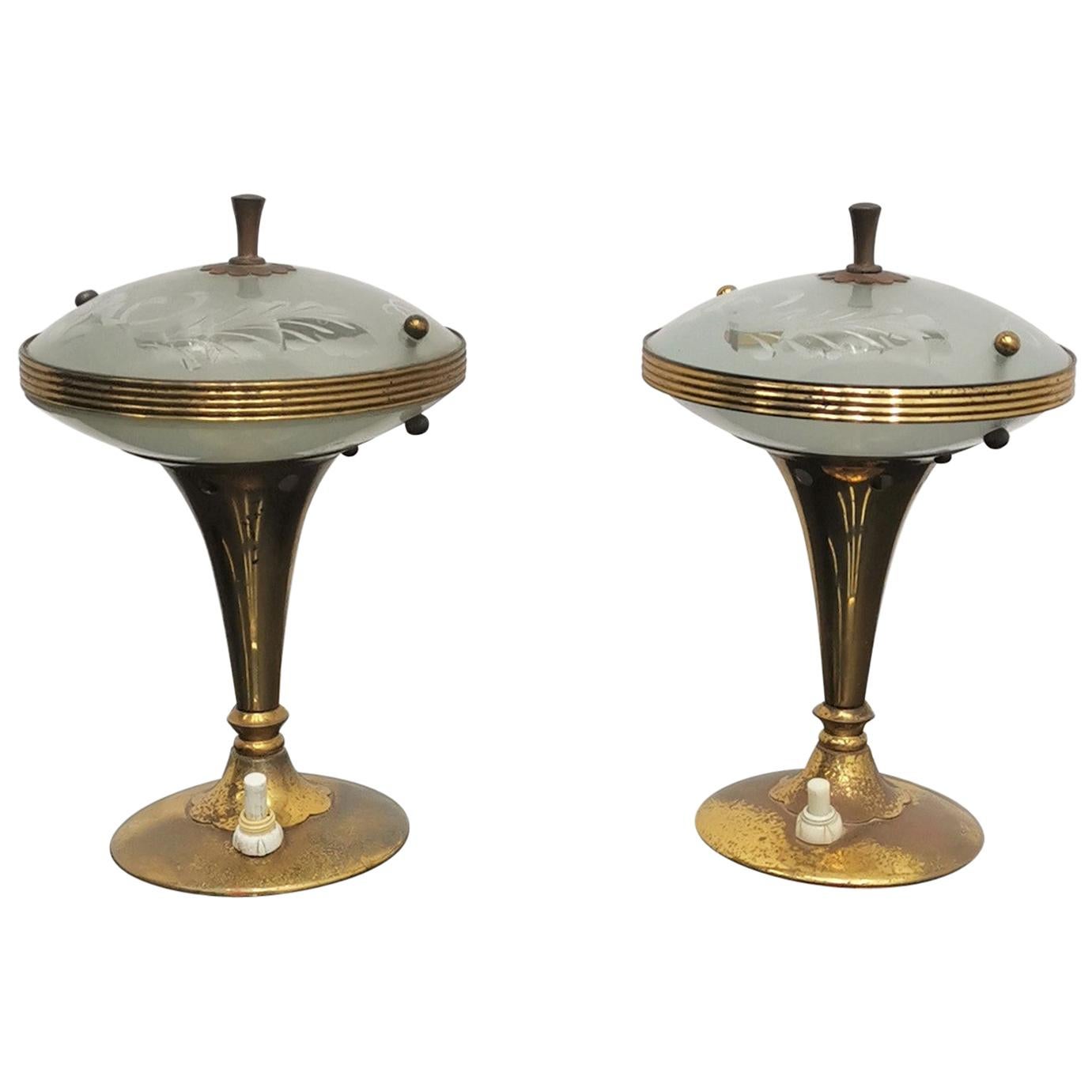 Mid-Century Pietro Chiesa Set of 2 Brass & Glass Table Lamp, 1950s, Italy