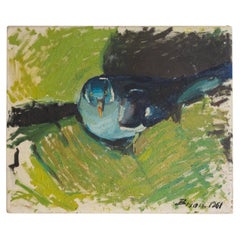 Mid Century Pigeon Portrait, Original Vintage Oil Painting, 1960s