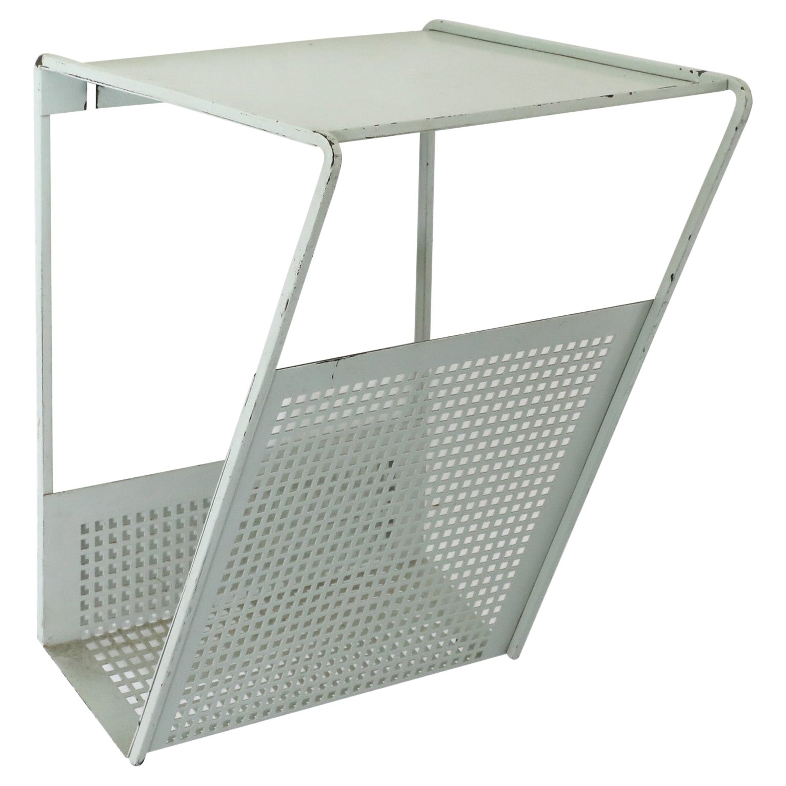 Mid-Century Pilastro Blue-Gray Enameled Metal Wall Shelf with Perforated Basket