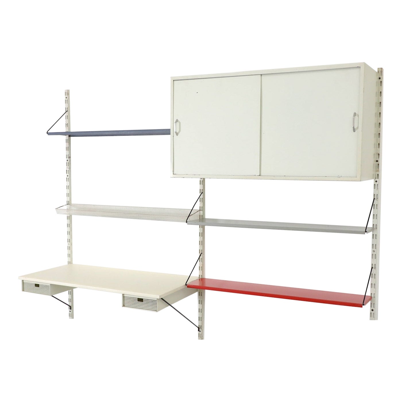 Mid-Century Pilastro Double Wide Section Wall Shelf Unit with Desk and Cabinet