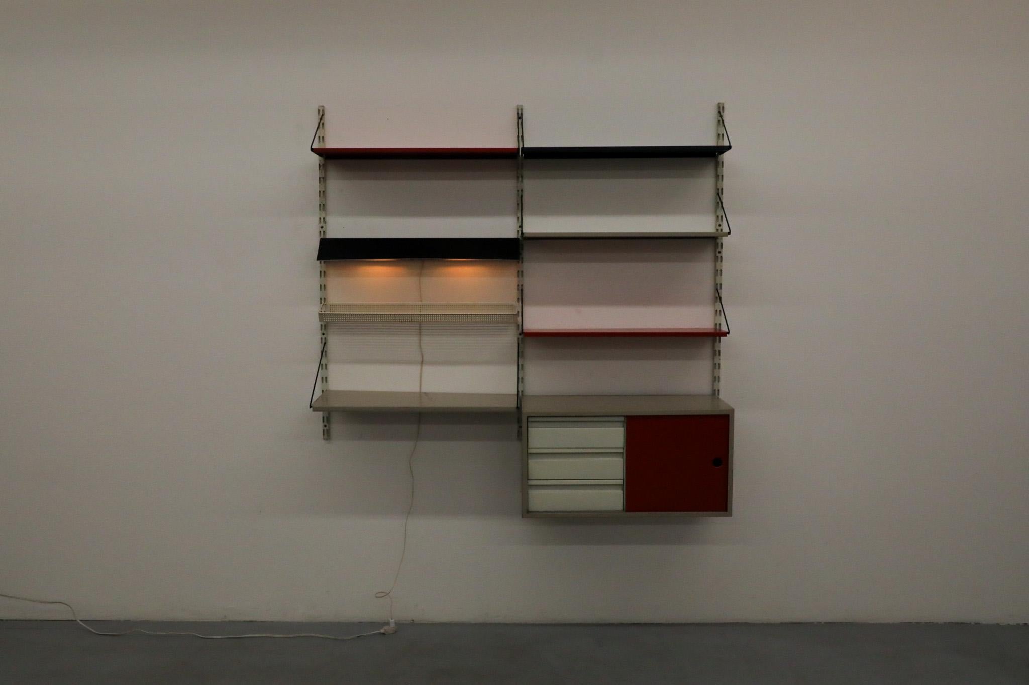 Mid-Century Modern Mid-Century Pilastro Two Section Wall Shelving Unit with Cabinet and Light For Sale