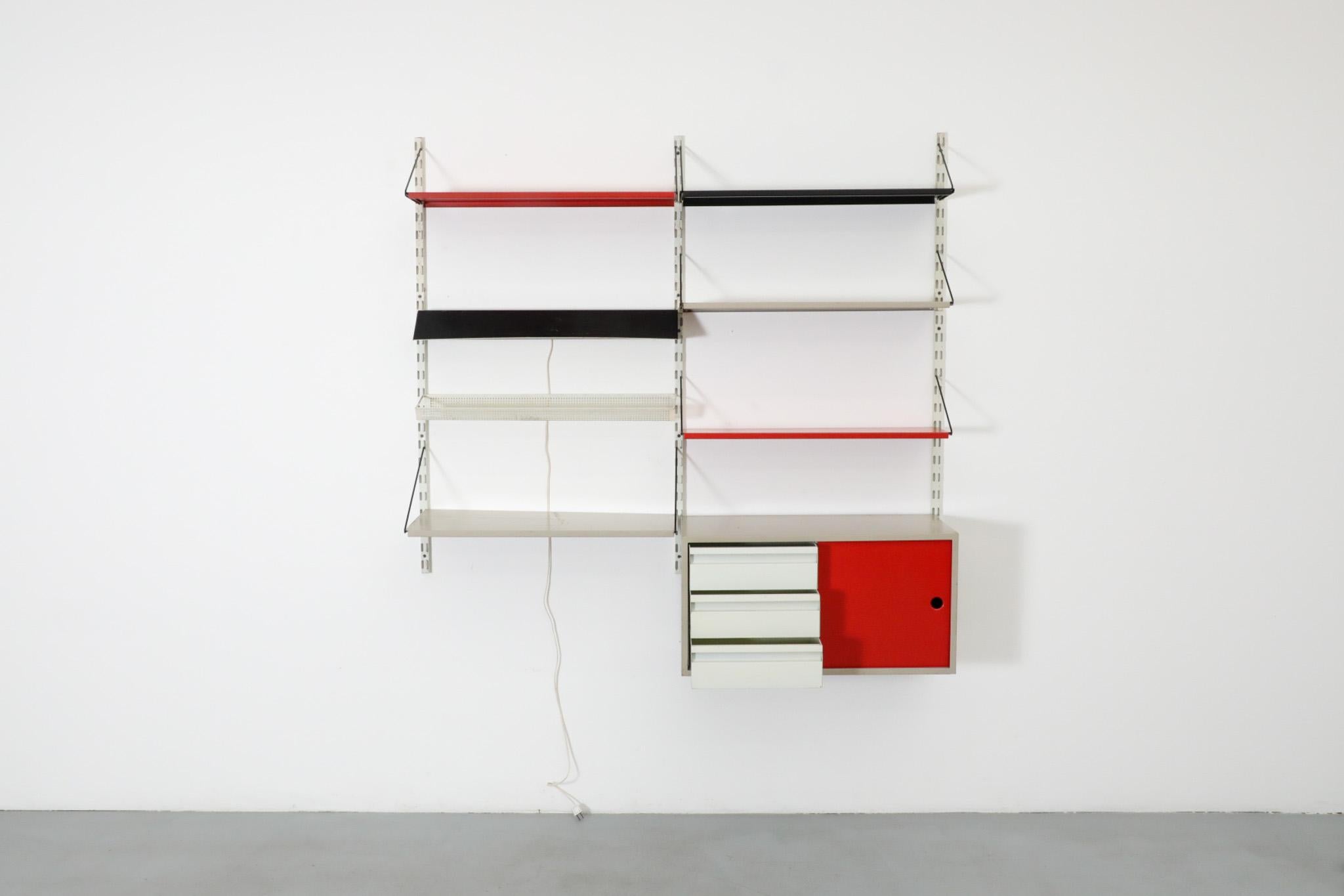 Dutch Mid-Century Pilastro Two Section Wall Shelving Unit with Cabinet and Light For Sale