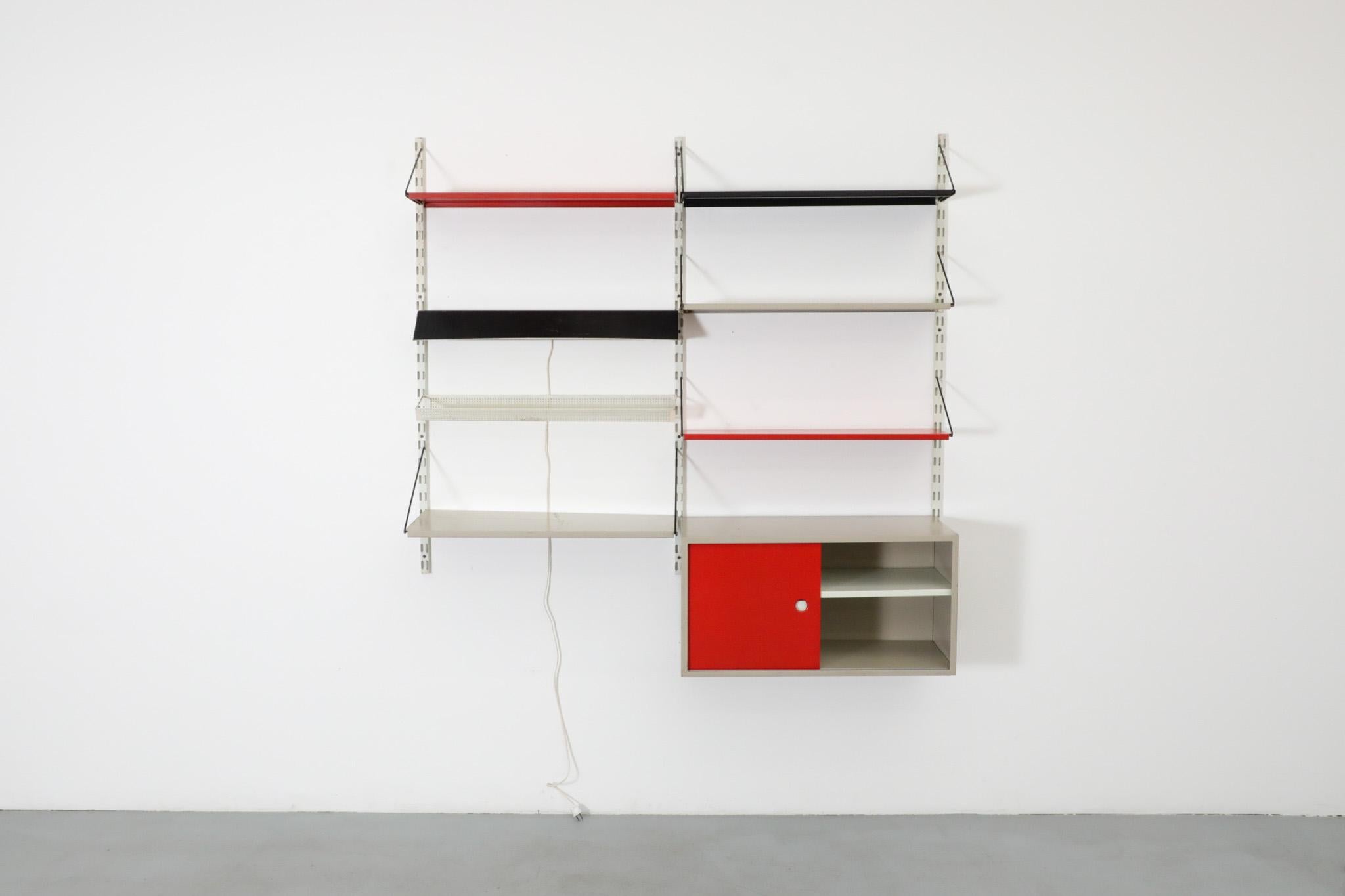 Enameled Mid-Century Pilastro Two Section Wall Shelving Unit with Cabinet and Light For Sale