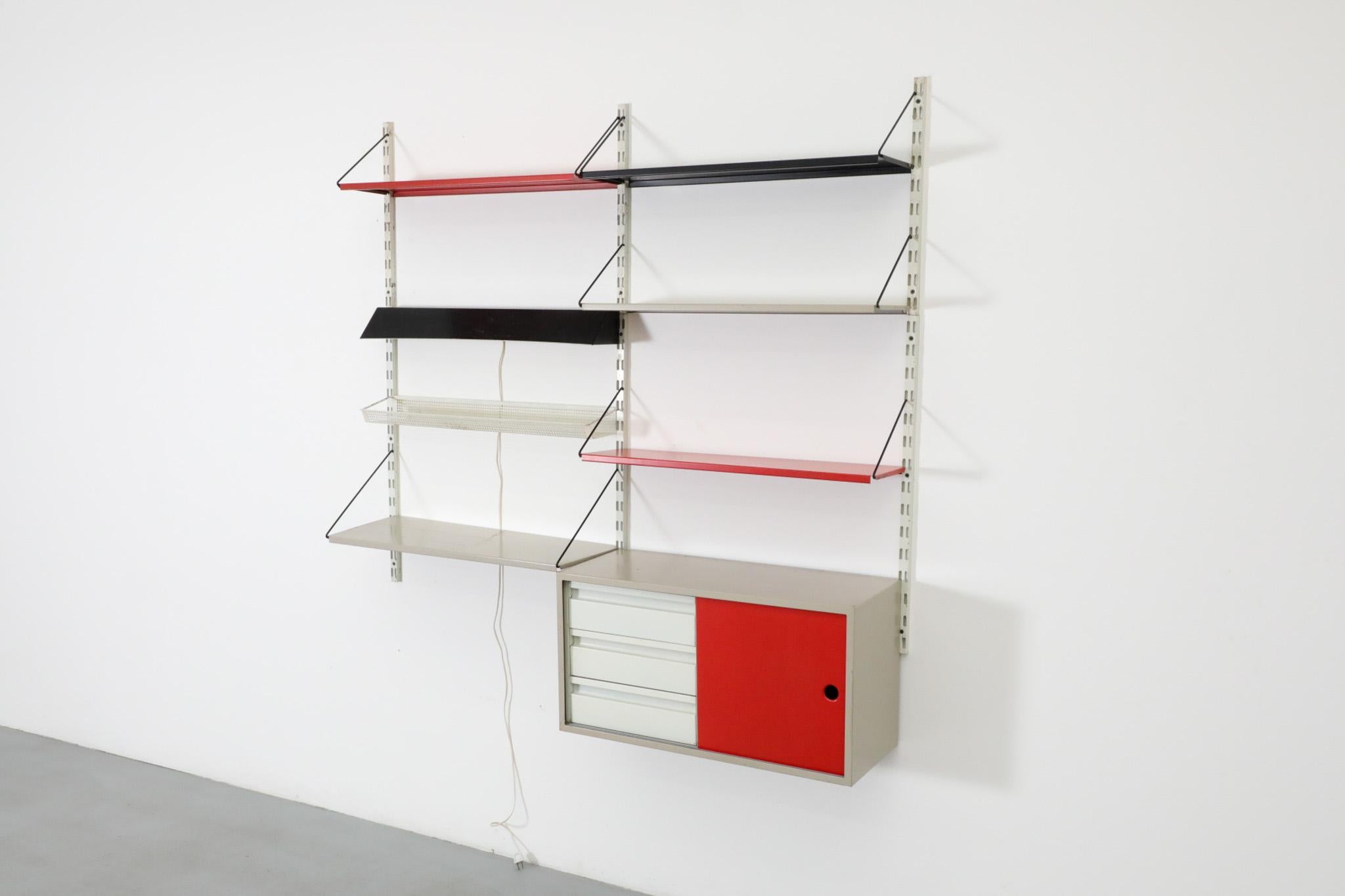 Mid-Century Pilastro Two Section Wall Shelving Unit with Cabinet and Light In Good Condition For Sale In Los Angeles, CA