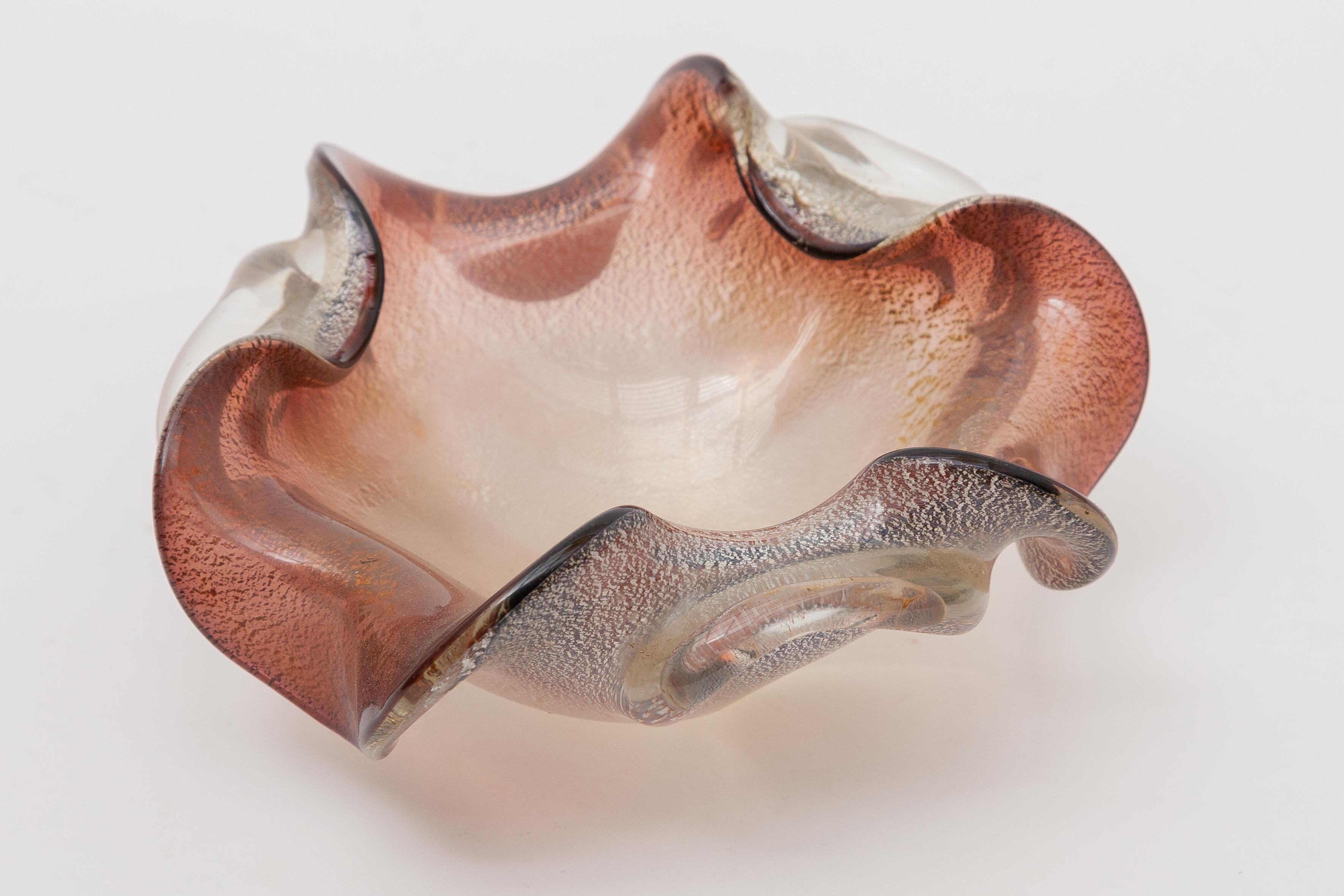 Mid-Century Modern Mid-Century Pinched Murano Glass Bowl, Silver Flake, Seguso, 1950s For Sale