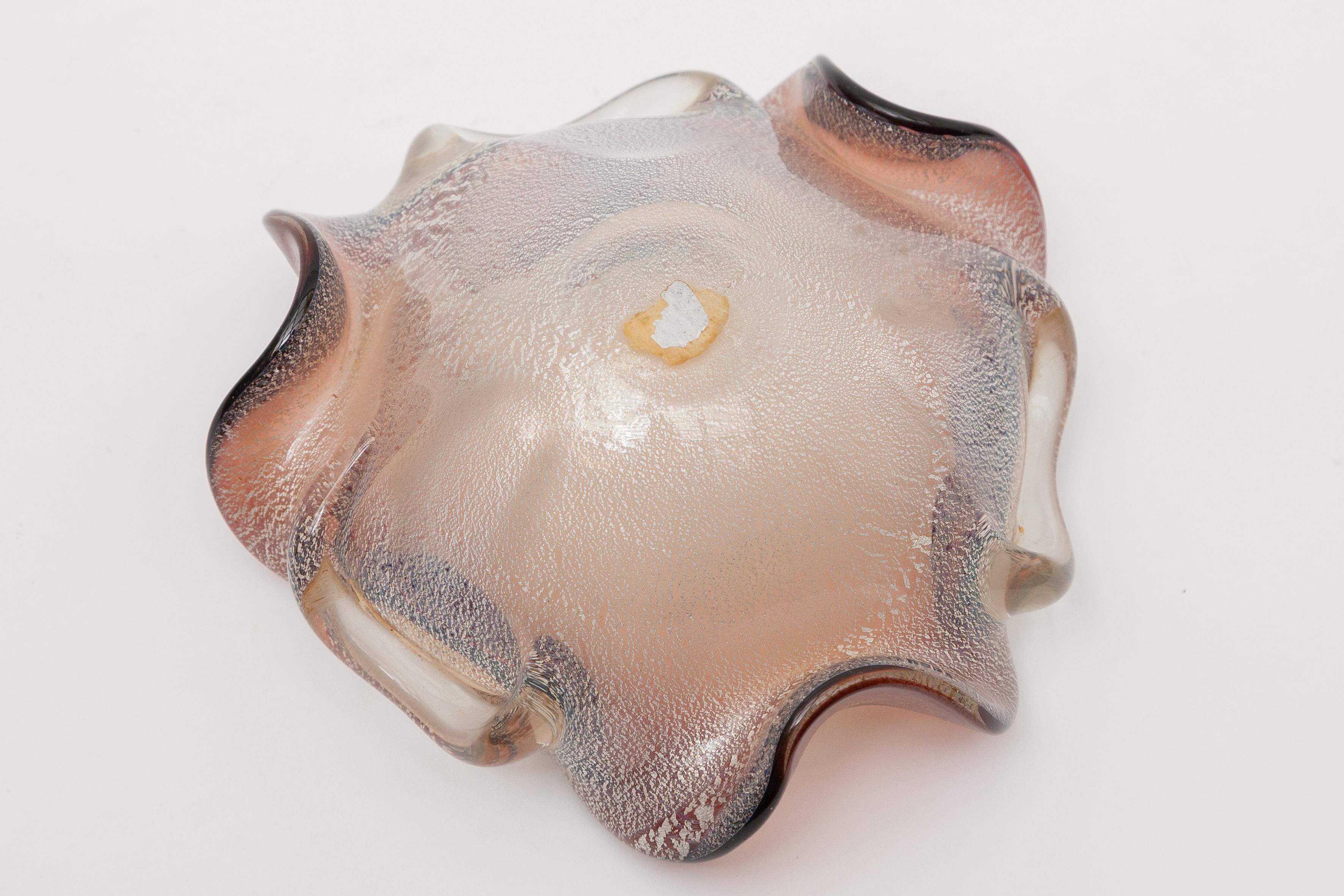 Hand-Crafted Mid-Century Pinched Murano Glass Bowl, Silver Flake, Seguso, 1950s For Sale