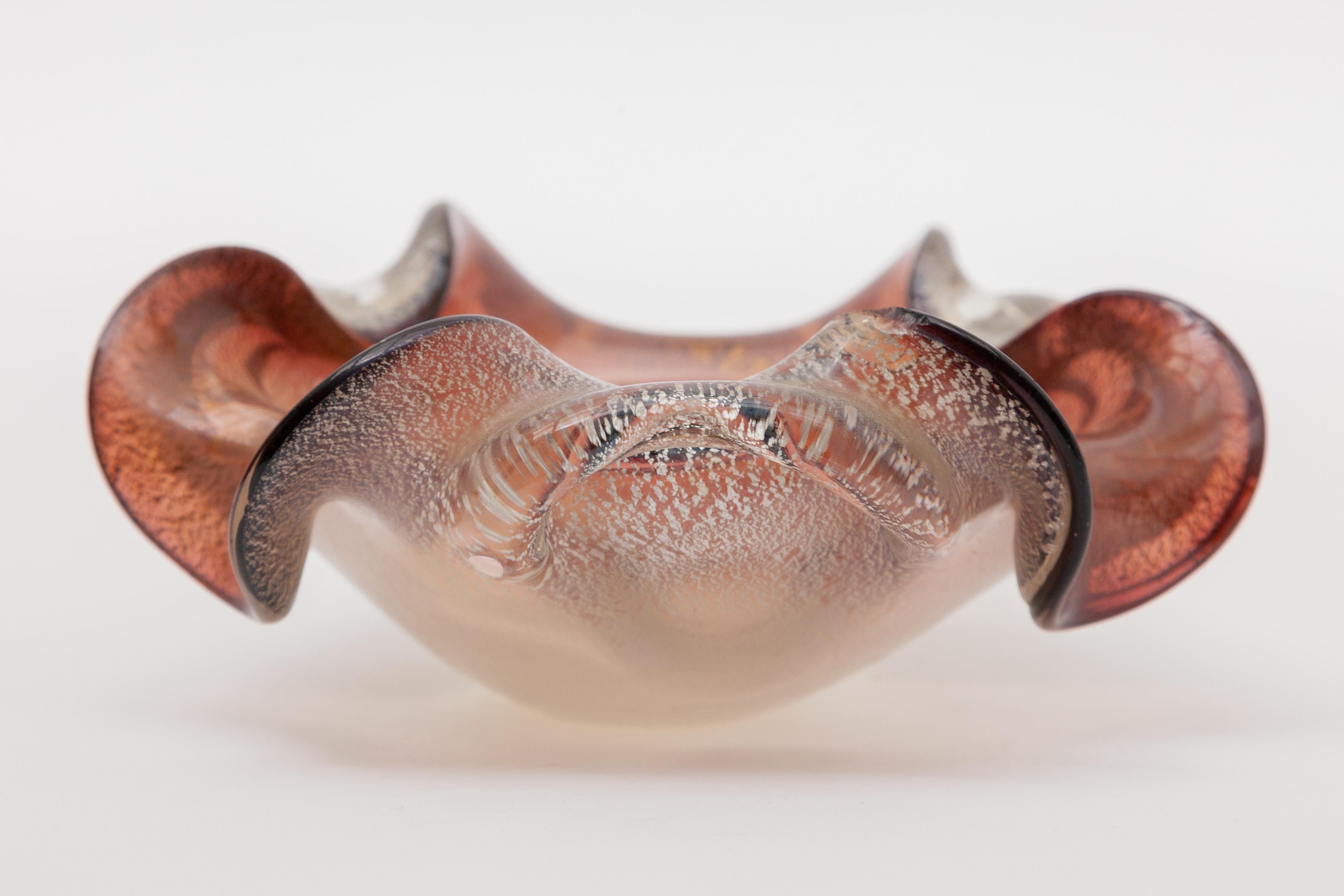 Mid-20th Century Mid-Century Pinched Murano Glass Bowl, Silver Flake, Seguso, 1950s For Sale