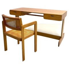 Mid-Century Pine Desk and Cane Armchair by Derk Jan De Vries, 1980s