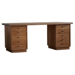 Mid Century Pine Desk with Leather Handles, by Danish Cabinetmaker, 1970s
