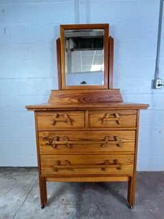 Mid-Century Pine Dresser with Beveled Mirror and Sculptural A-Frame Wooden Pulls
