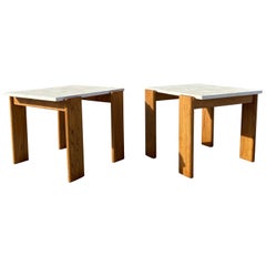 Mid Century Pine Wood and Travertine Stone Side Tables, Set of 2