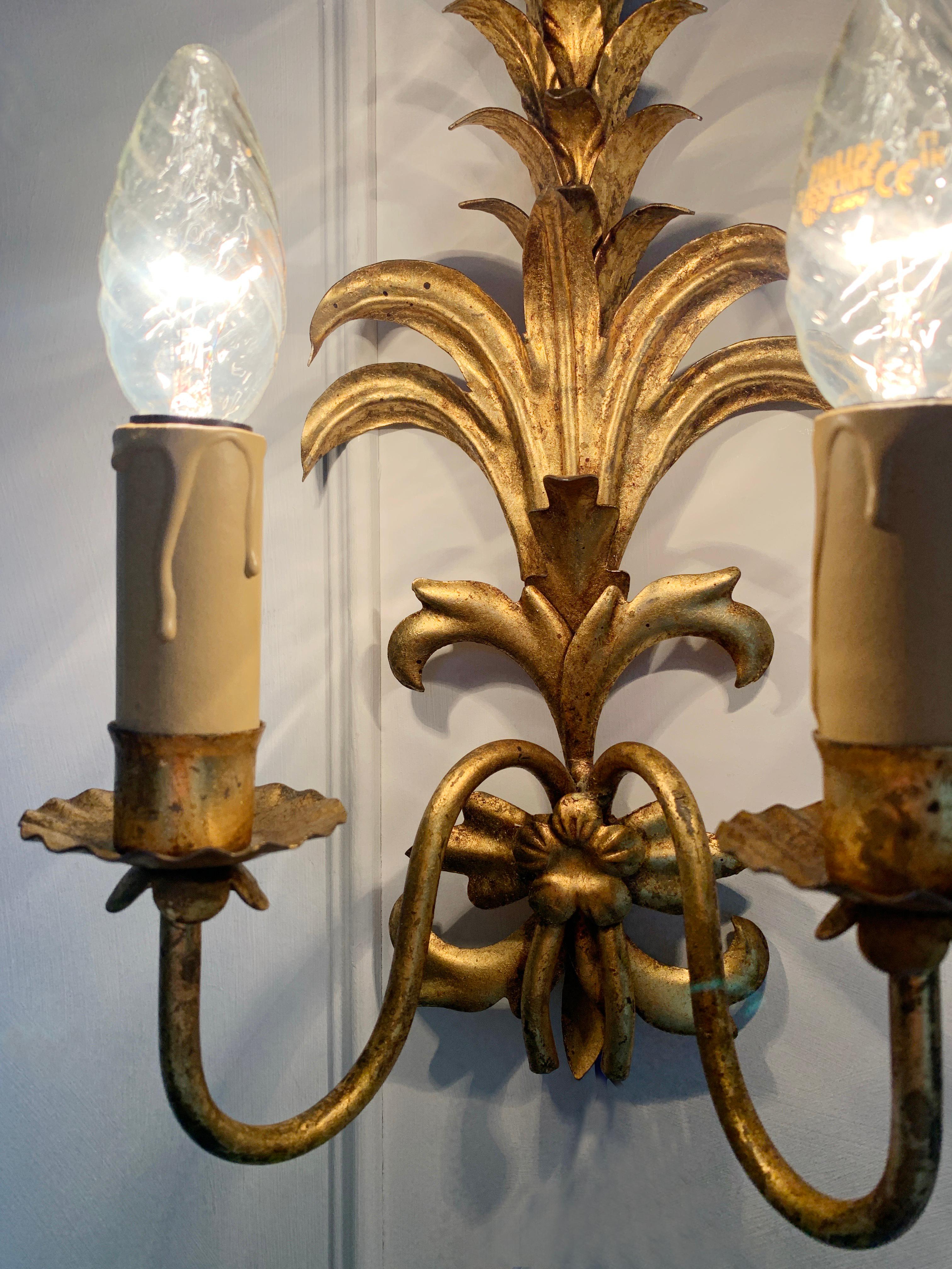 Mid Century Pineapple Frond Gold Wall Lights For Sale 1