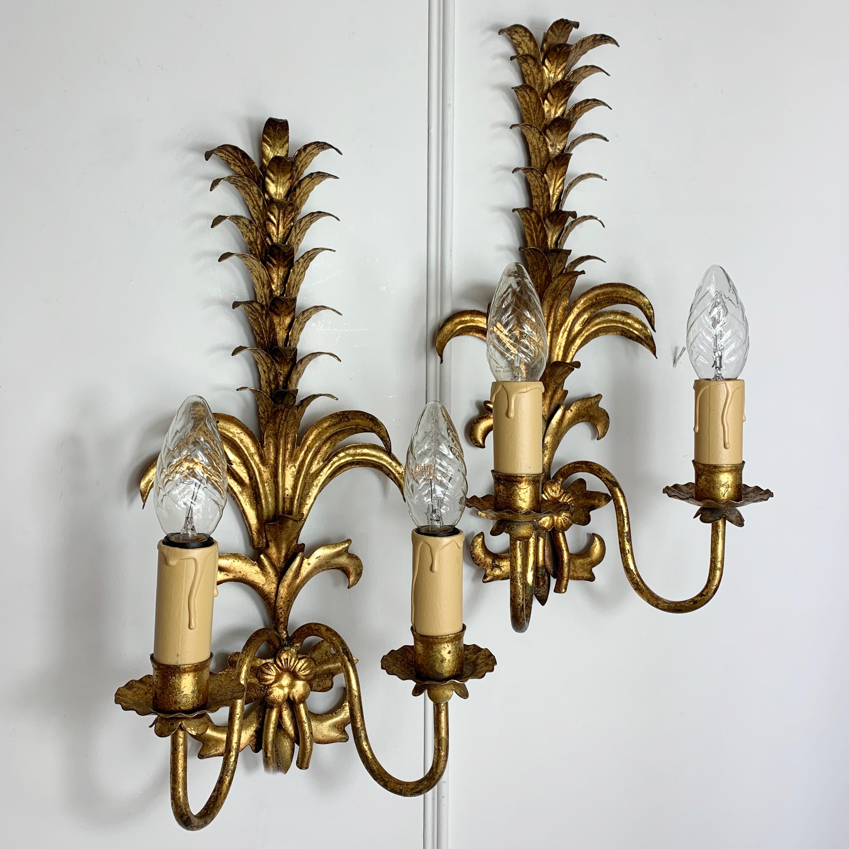 Baroque Revival Mid Century Pineapple Frond Gold Wall Lights For Sale