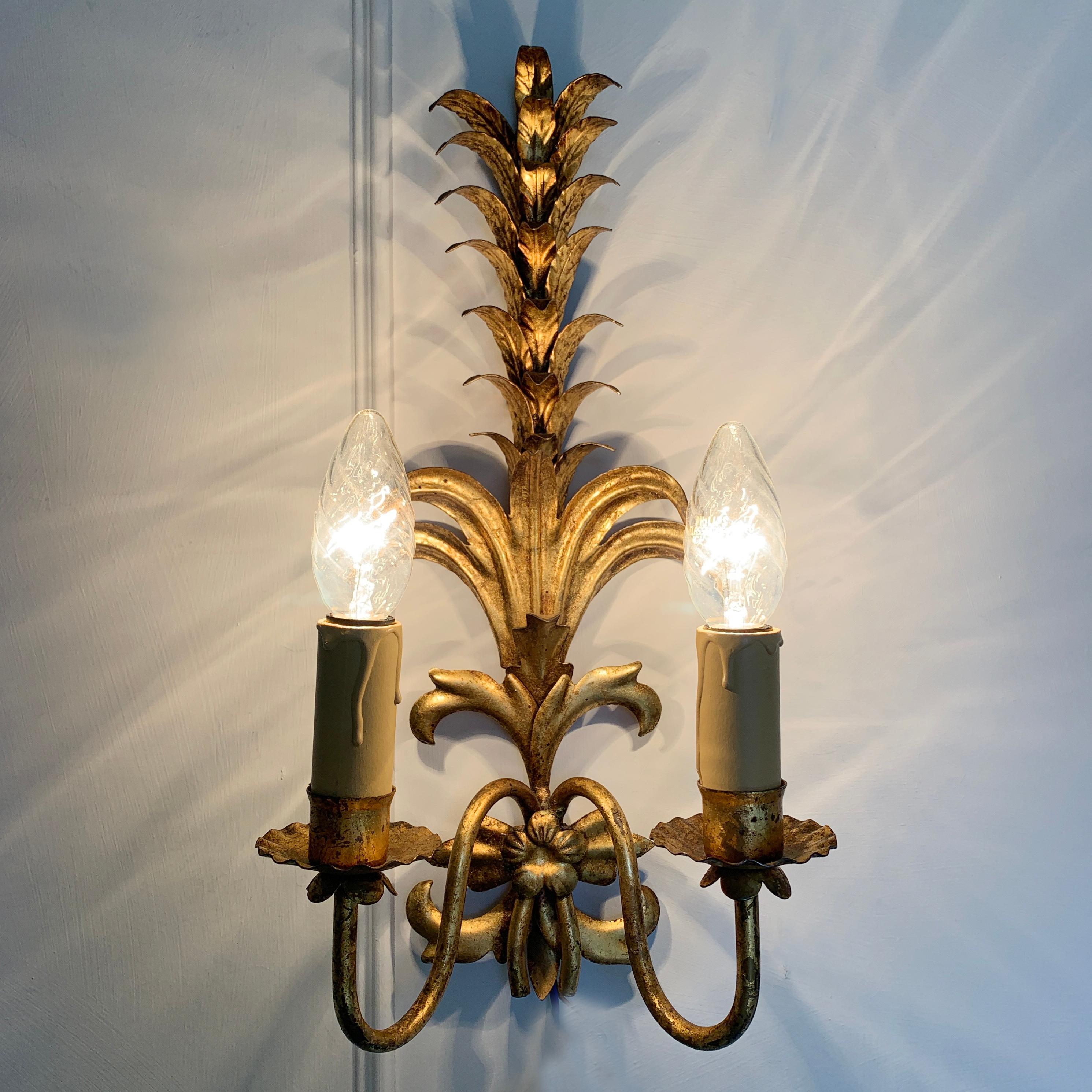 French Mid Century Pineapple Frond Gold Wall Lights For Sale