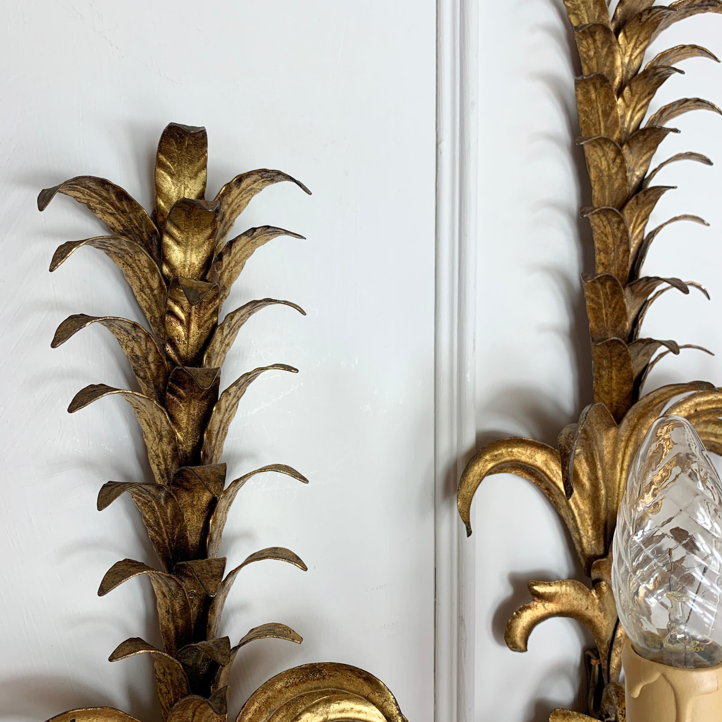 Gilt Mid Century Pineapple Frond Gold Wall Lights For Sale