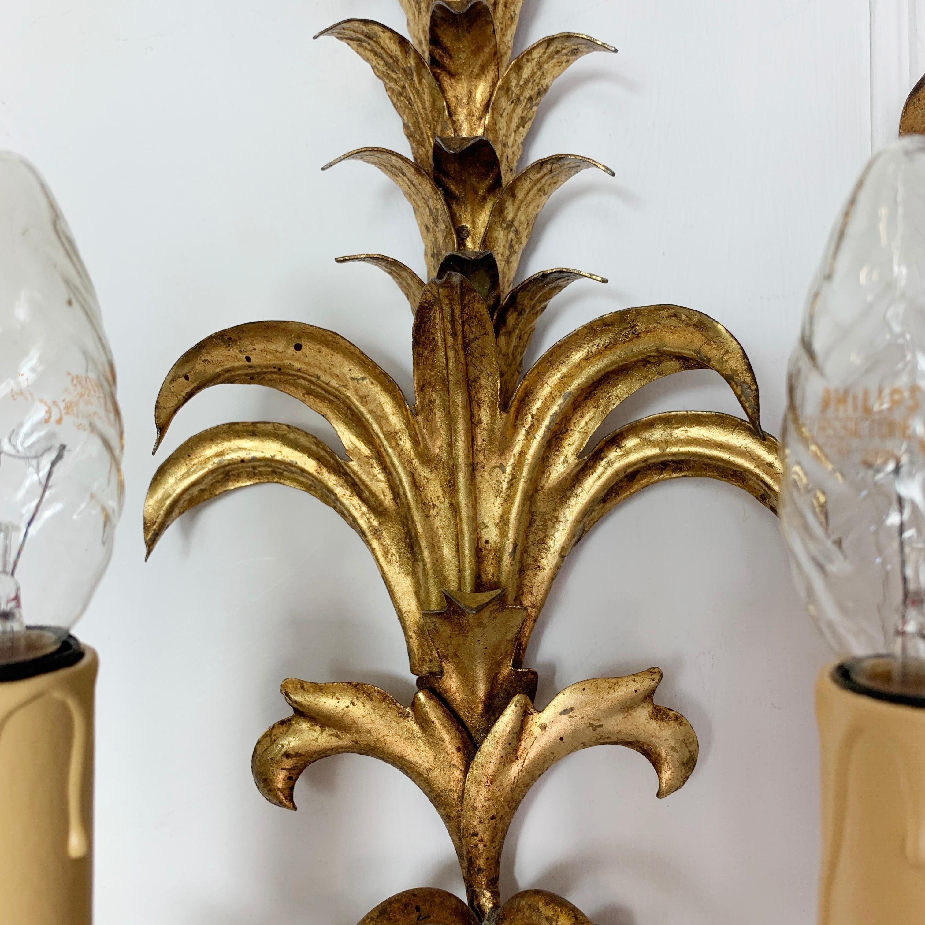 Metal Mid Century Pineapple Frond Gold Wall Lights For Sale