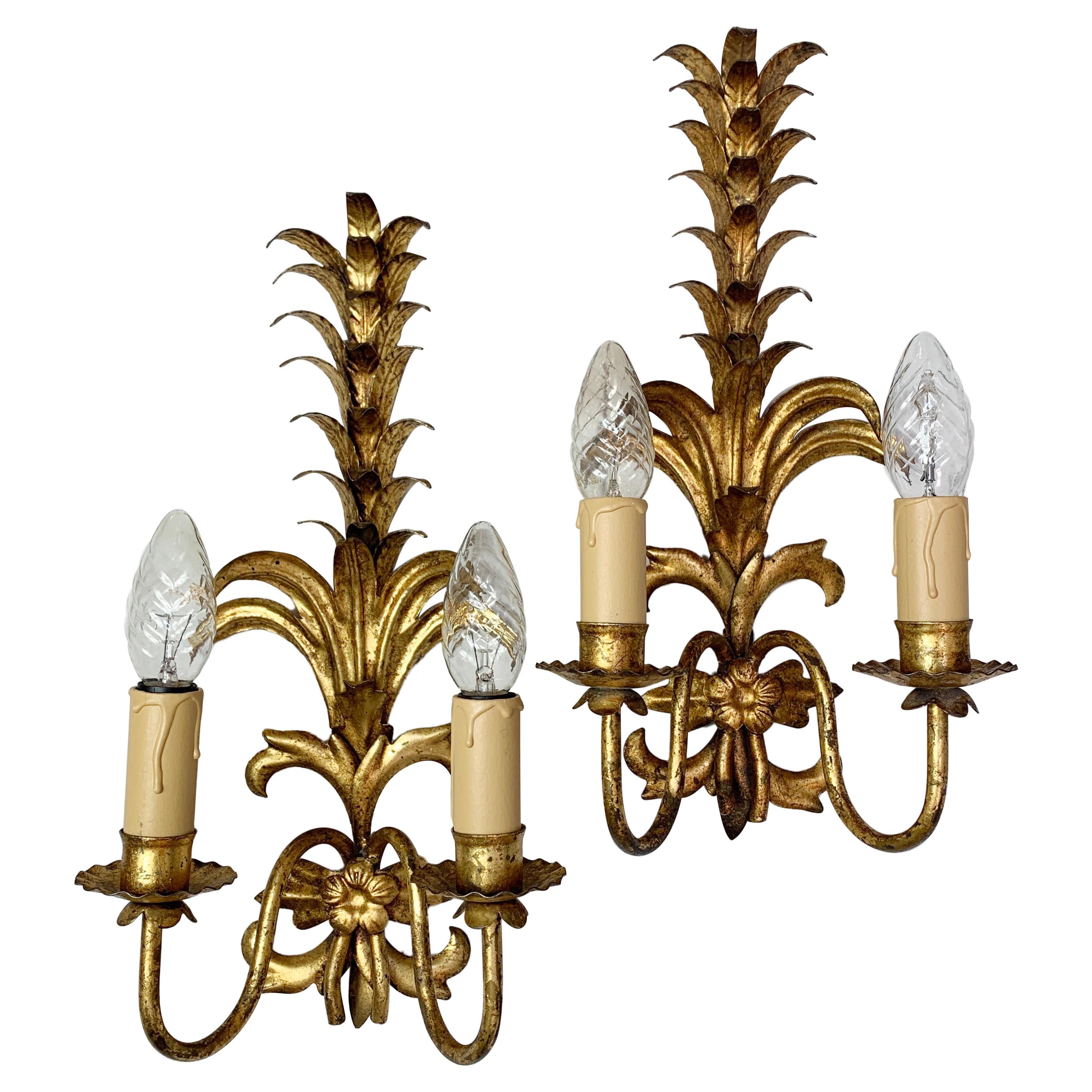 Mid Century Pineapple Frond Gold Wall Lights For Sale