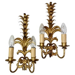 Vintage Mid Century Pineapple Frond Gold Wall Lights