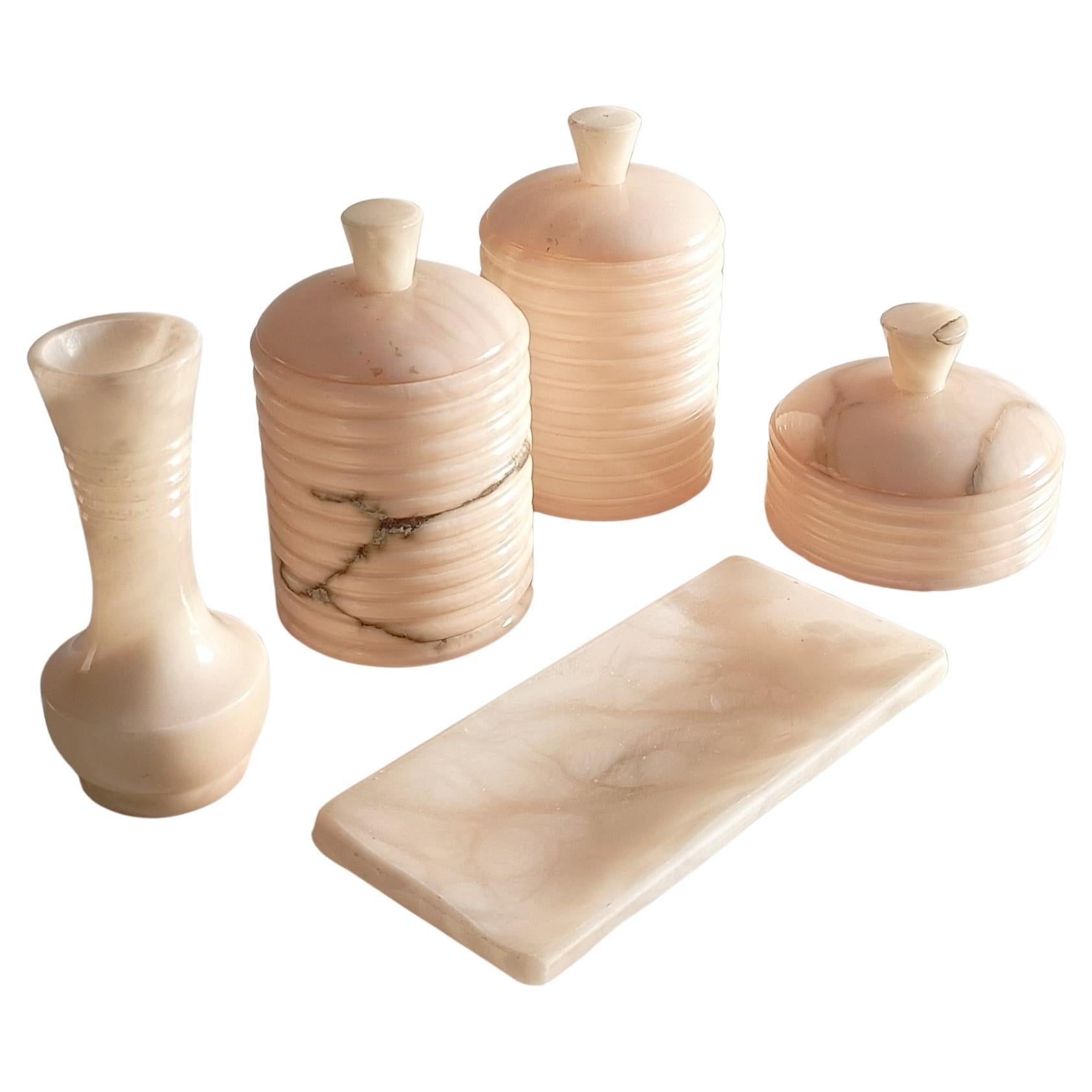 Mid Century Pink Alabaster Vanity or Bathroom Set, Handmade in Spain ci. 1960s For Sale