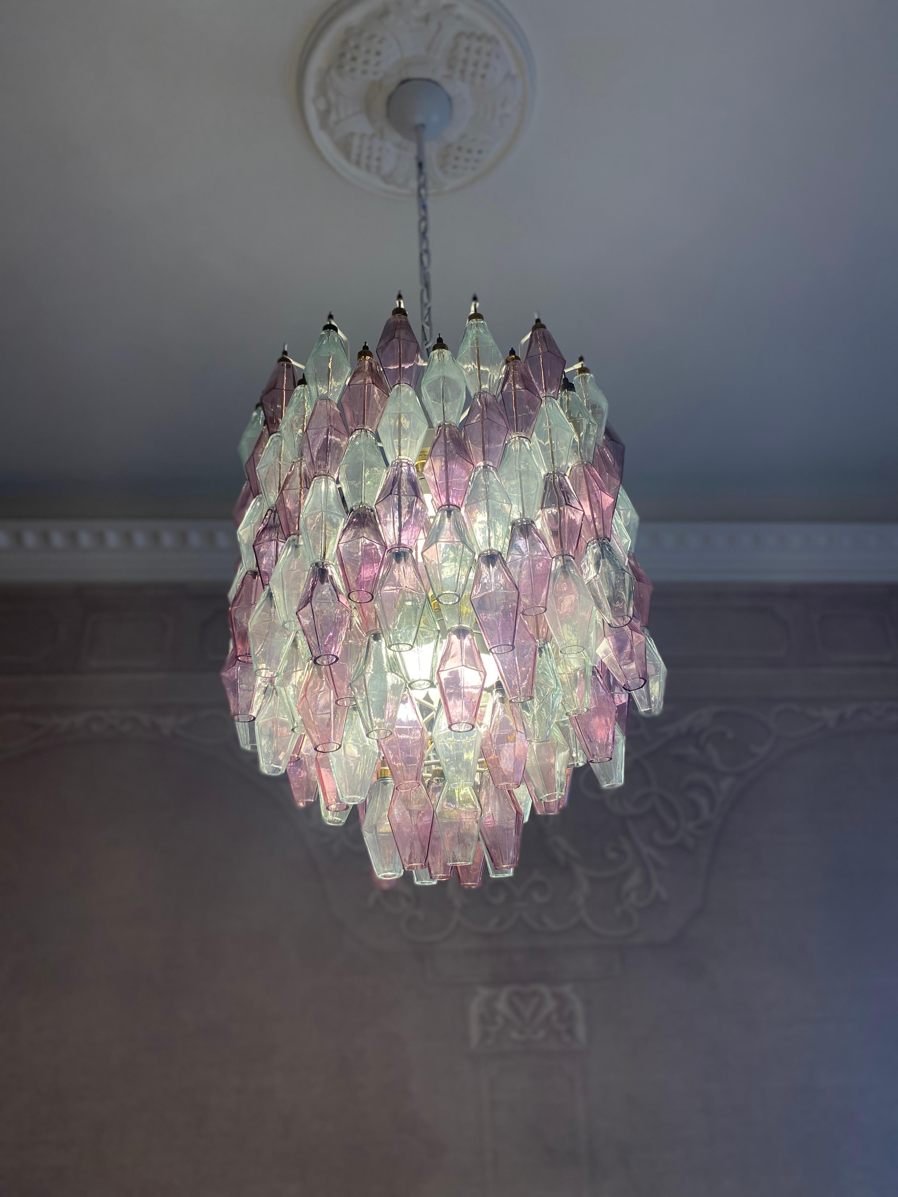 Blown Glass Mid-Century Pink Amethyst  and Clear Poliedri Chandelier, 1960 For Sale