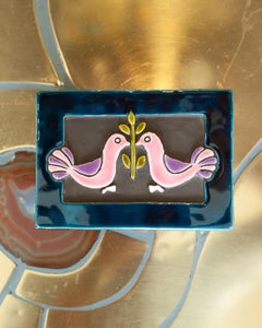 Mid Century Pink and Blue Ceramic Box with Birds by Mithé Espelt