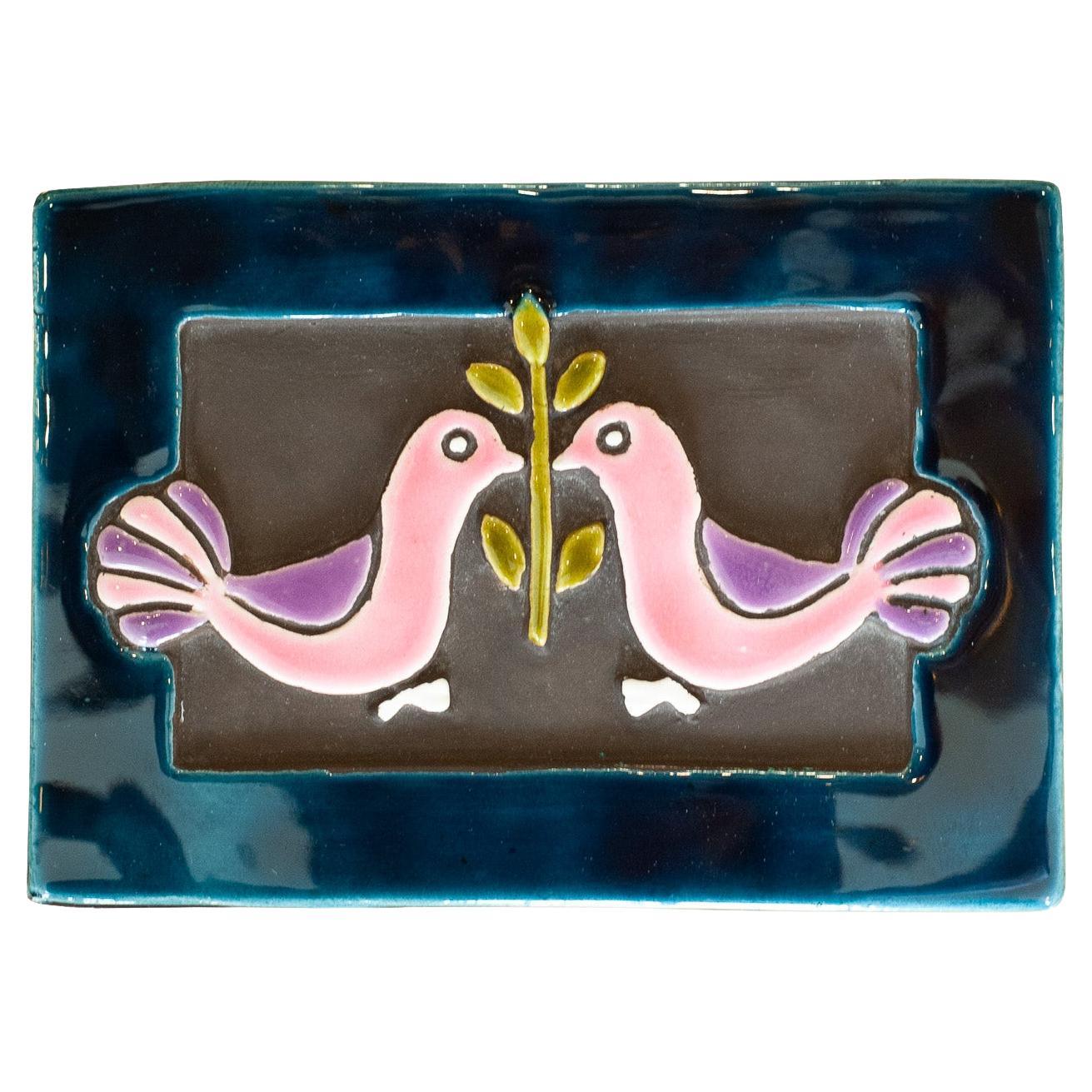 Mid Century Pink and Blue Ceramic Box with Birds by Mithé Espelt