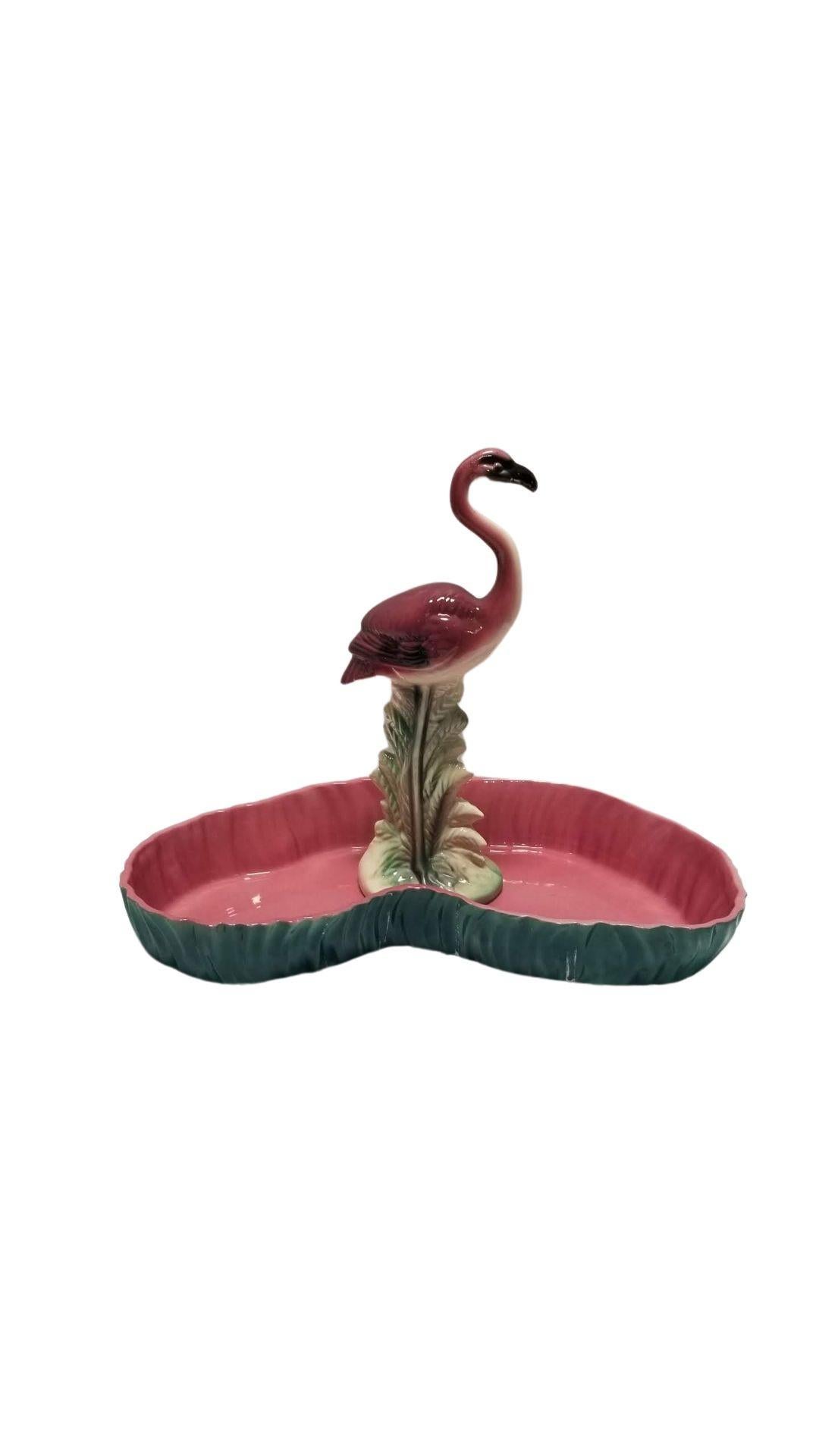 20th Century Mid Century Pink and Green Flamingo Ceramic Figurine in Flamingo Pool Tray. For Sale