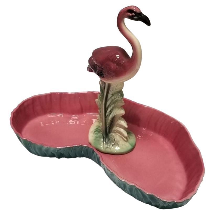 Midcentury Pink and Green Flamingo Ceramic Figurine in Flamingo Pool Tray