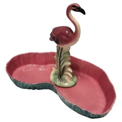 Used Mid Century Pink and Green Flamingo Ceramic Figurine in Flamingo Pool Tray.