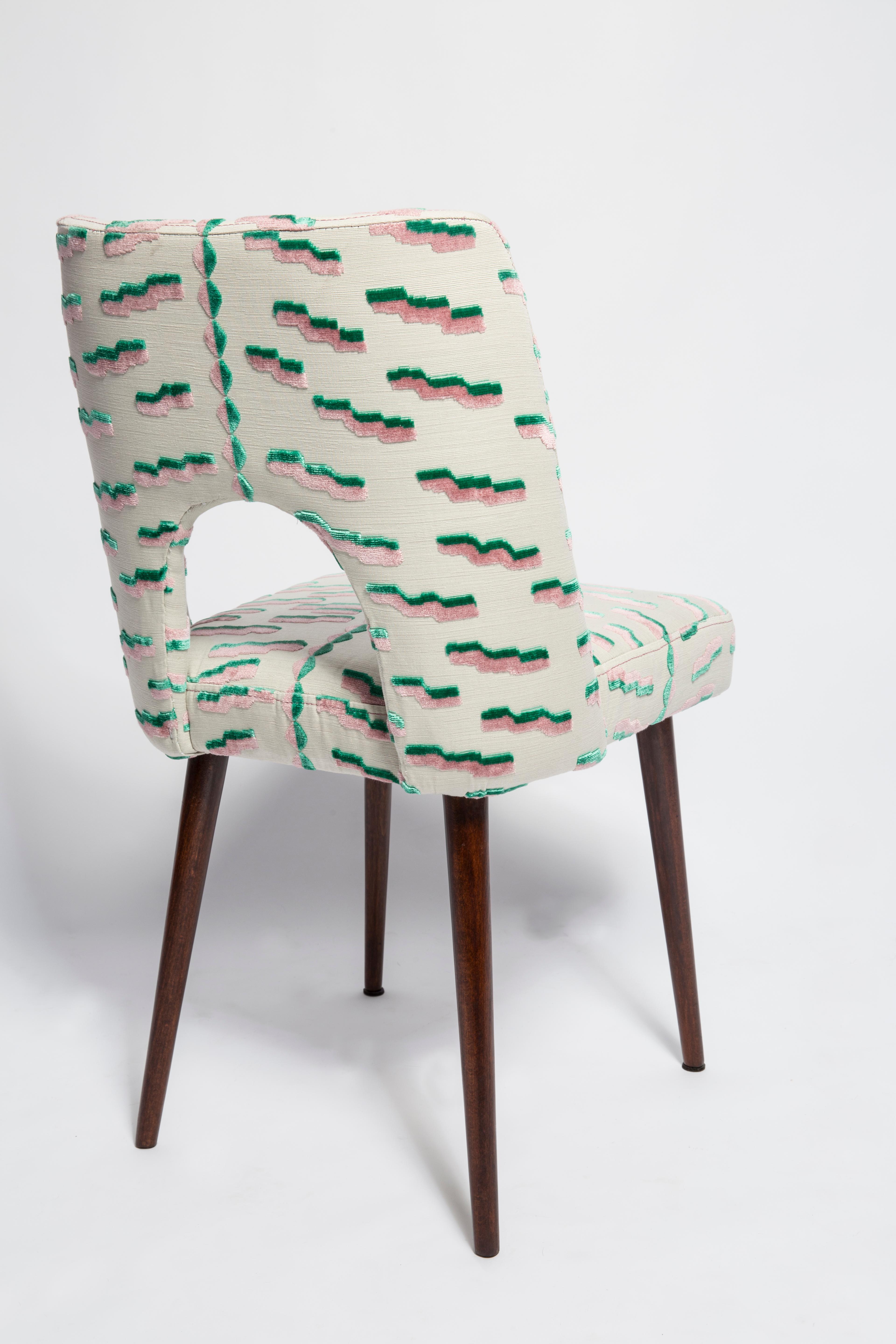 Polish Mid Century Pink and Green Tiger Beat Jacquard Velvet Shell Chair, Europe, 1960s For Sale