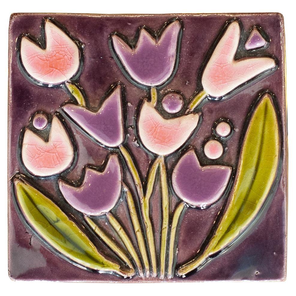 Mid Century Pink and Purple Ceramic Box with Flowers by Mithé Espelt
