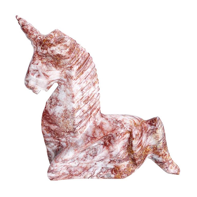 Mid Century Pink and White Stone Marble Unicorn Sculpture
