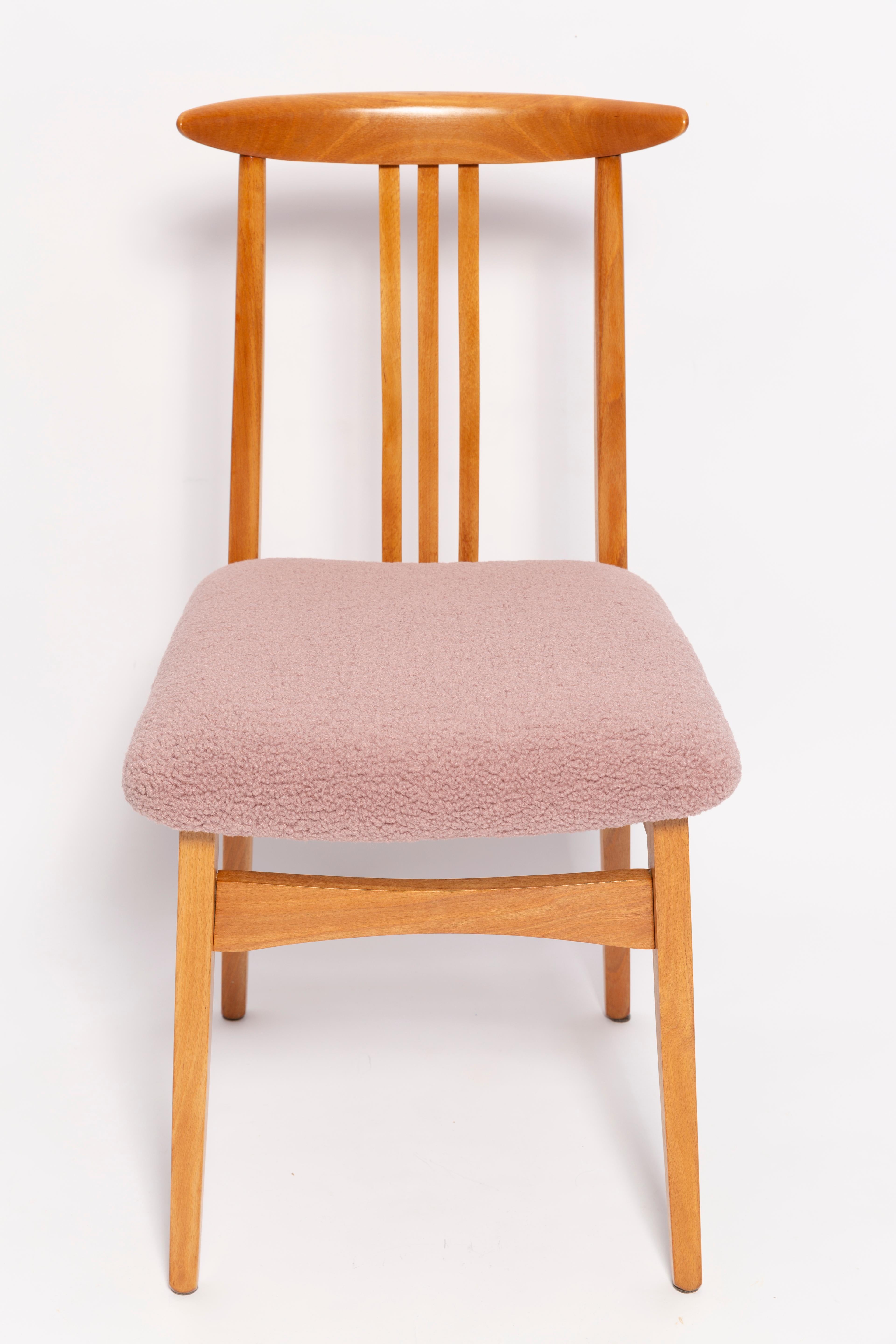 Polish Mid-Century Pink Blush Boucle Chair, Light Wood, by M. Zielinski, Europe, 1960s For Sale