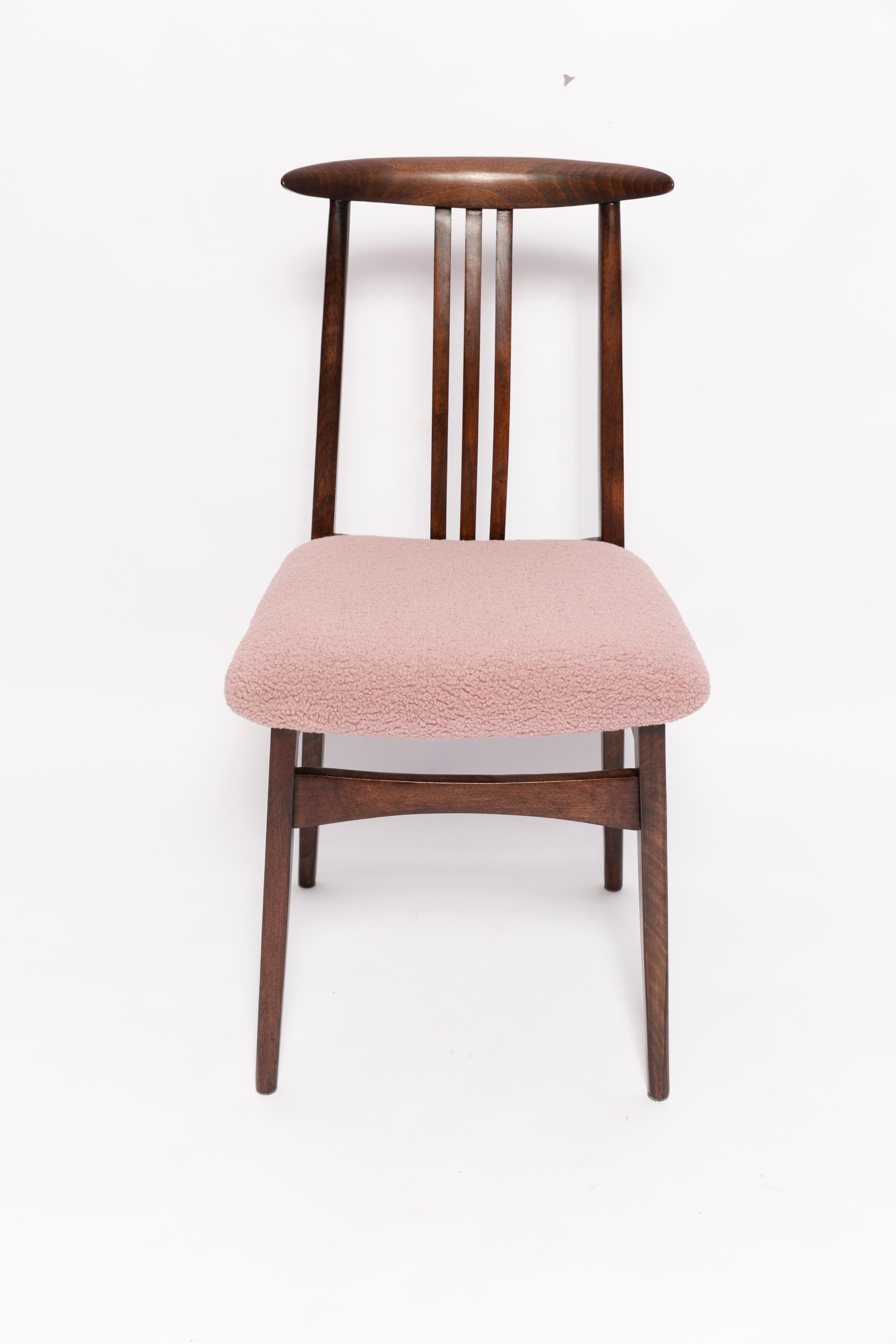 Polish Mid-Century Pink Blush Boucle Chair, Walnut Wood, by M. Zielinski, Europe, 1960s For Sale