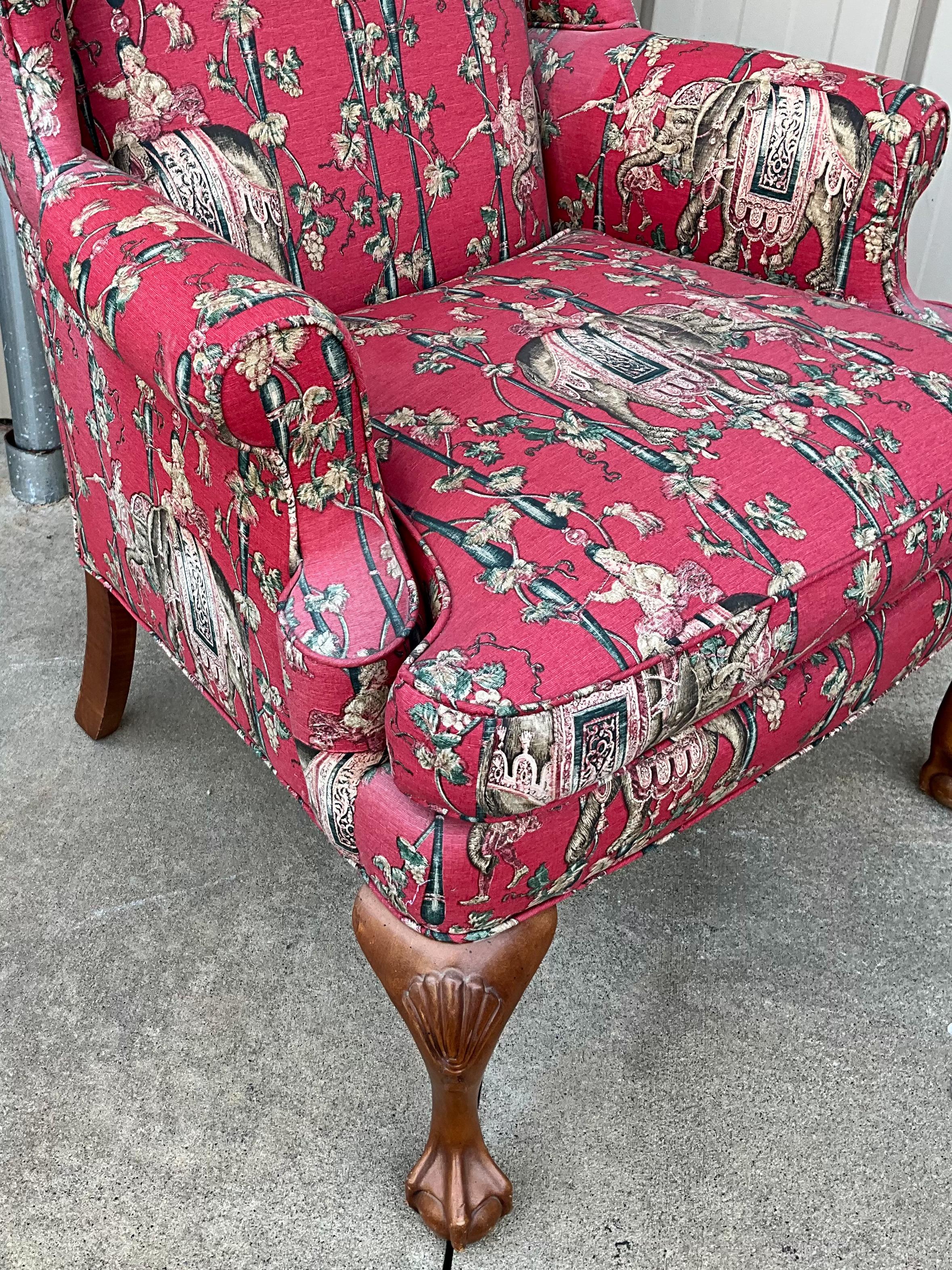American Mid-Century Pink Chinoiserie Wingback Chair Ball and Claw Feet