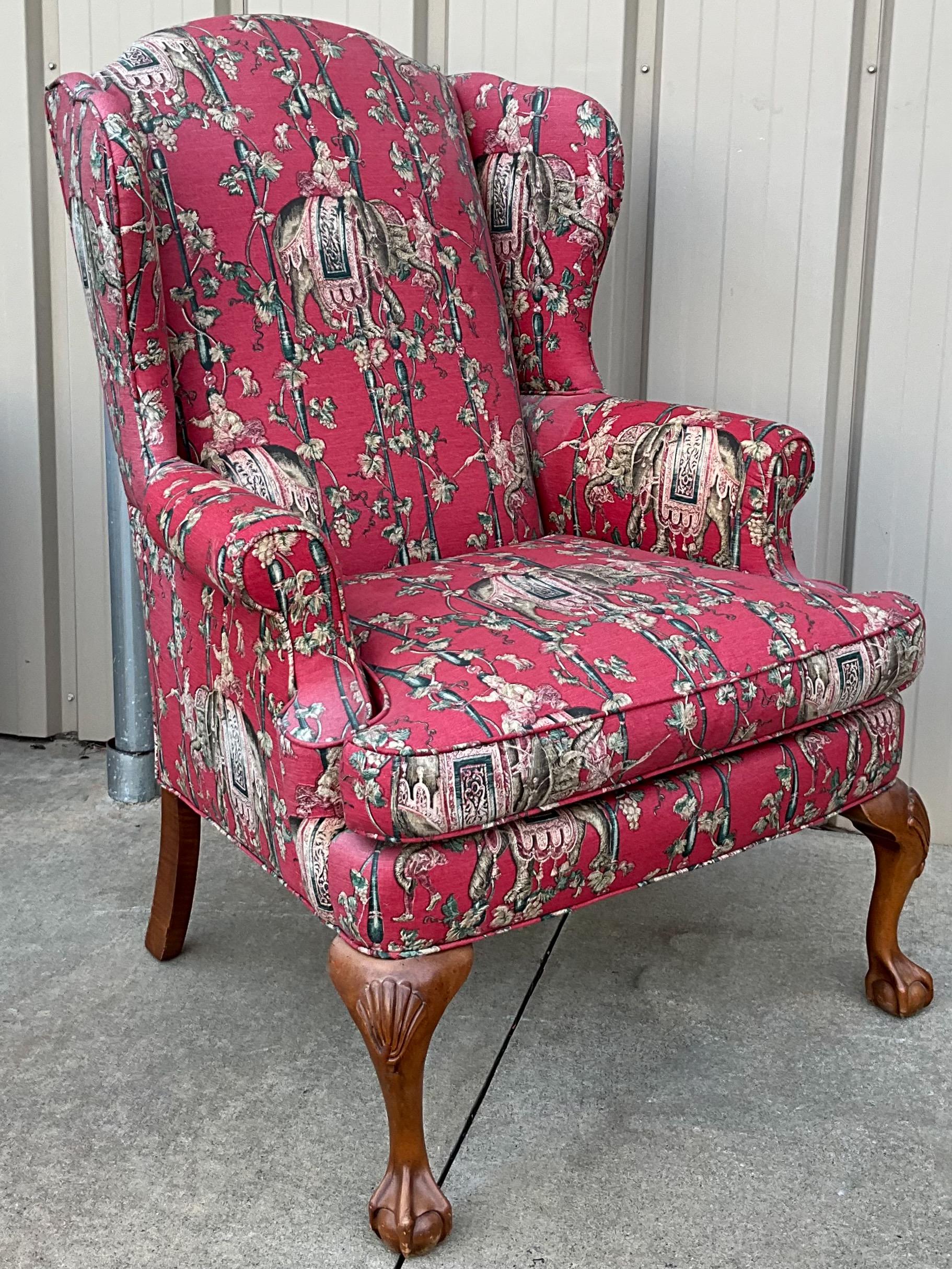 Mid-Century Pink Chinoiserie Wingback Chair Ball and Claw Feet In Good Condition In Kennesaw, GA