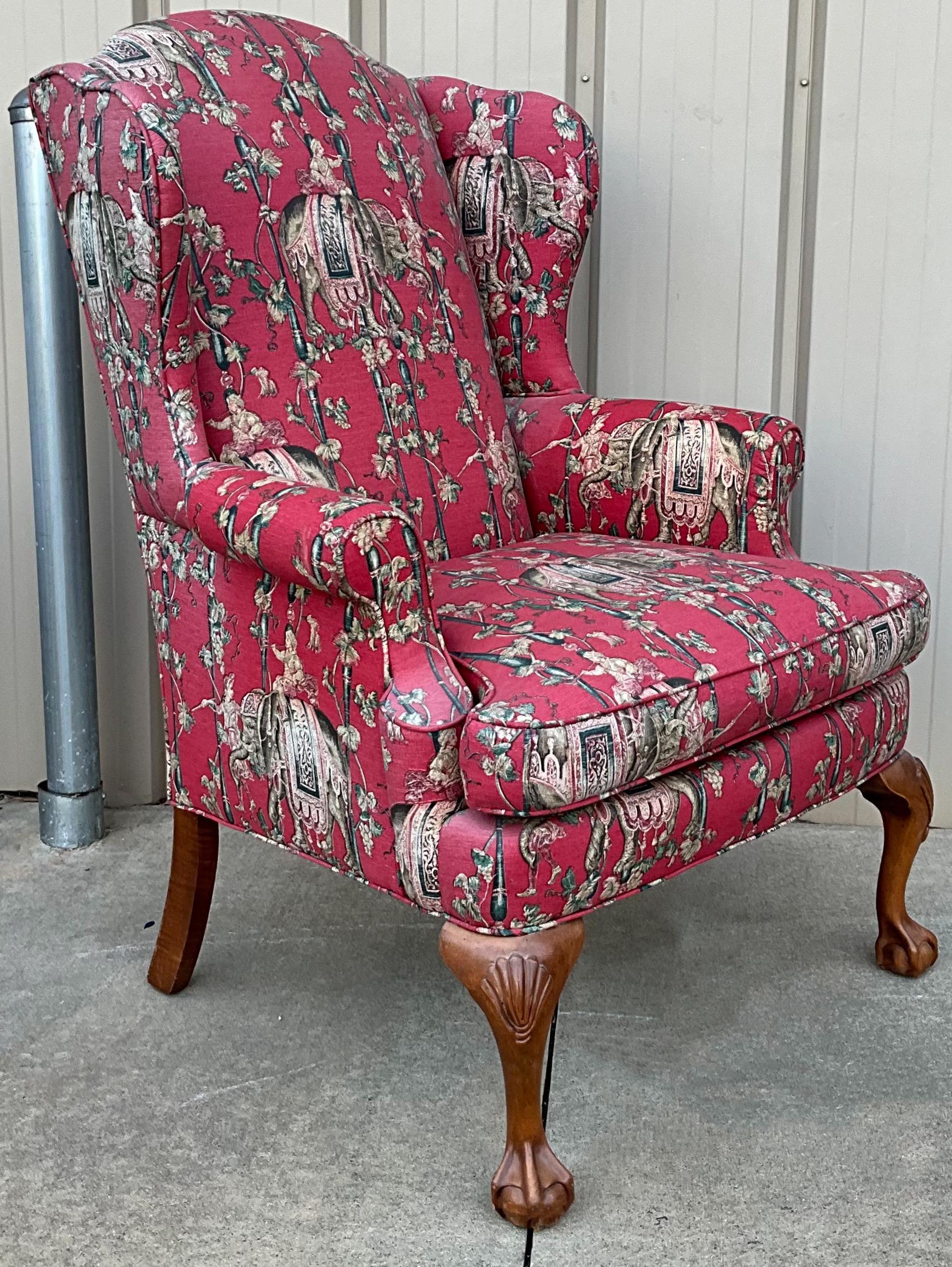20th Century Mid-Century Pink Chinoiserie Wingback Chair Ball and Claw Feet