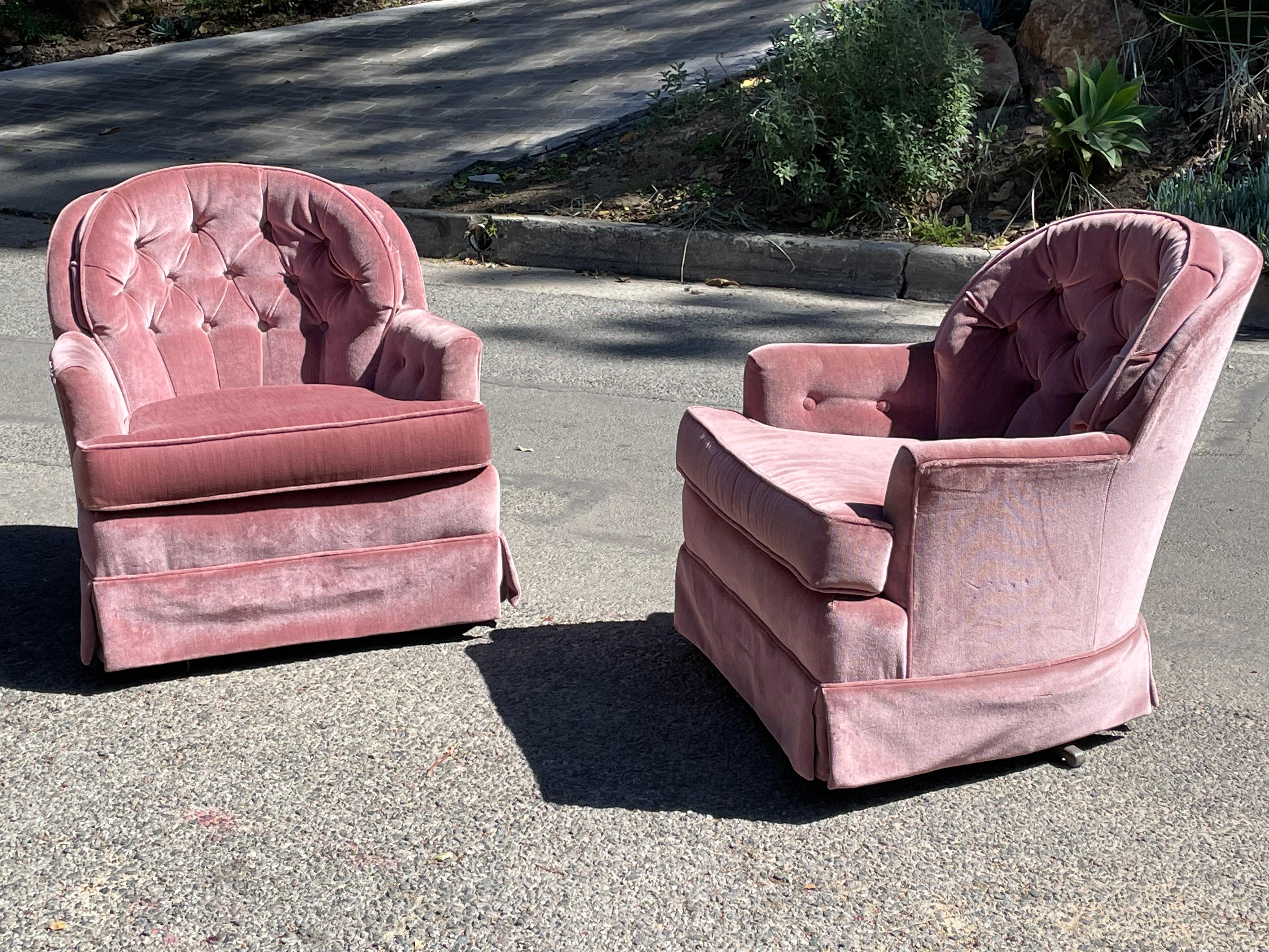 Mid-Century Pink Crushed Velvet Swivel Chairs , circa 1960s 1