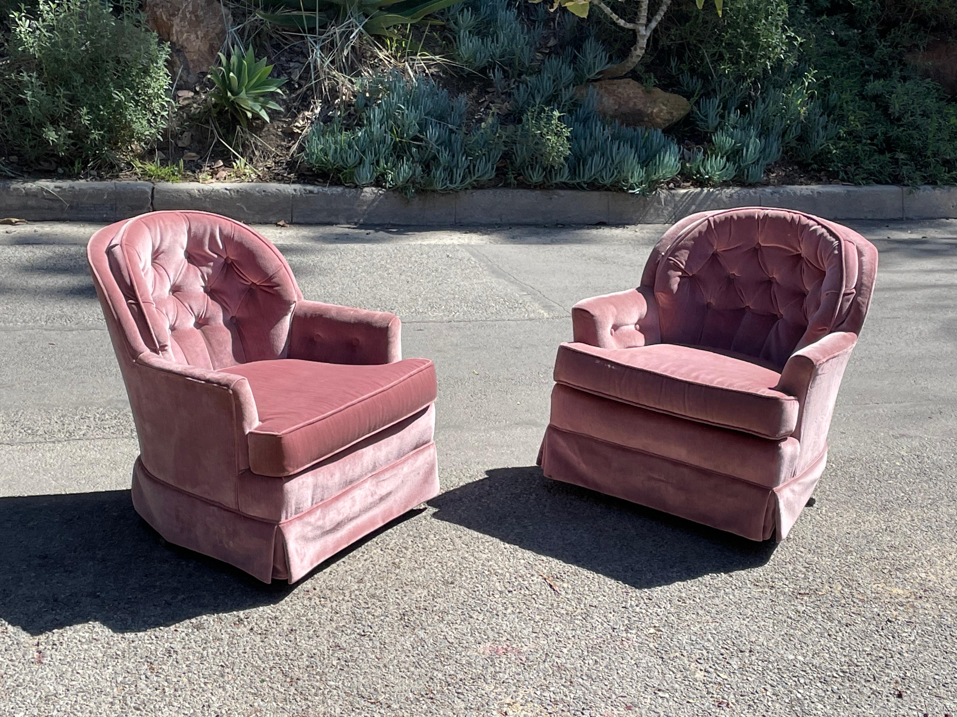 Mid-Century Pink Crushed Velvet Swivel Chairs , circa 1960s 2