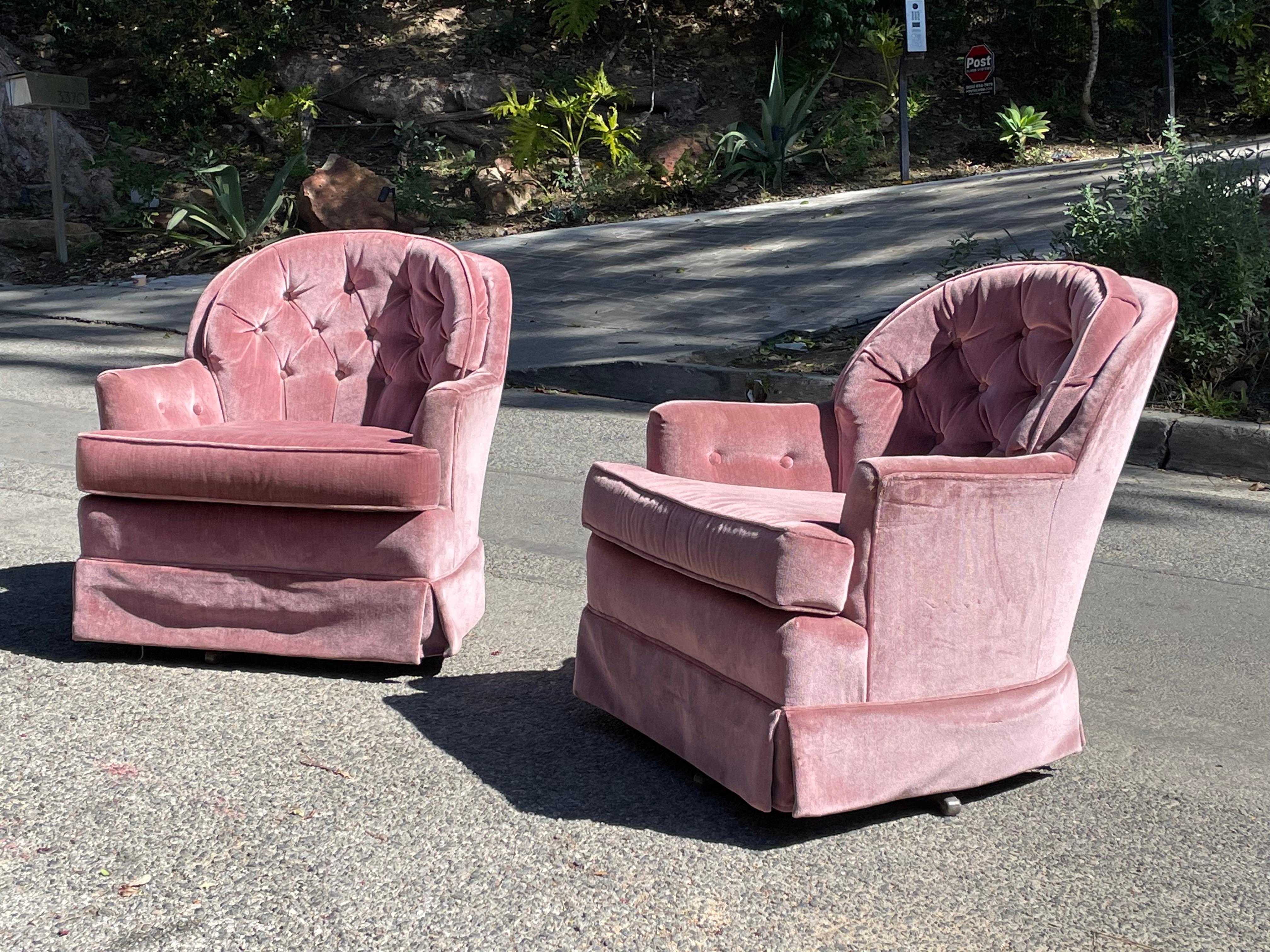 Mid-Century Pink Crushed Velvet Swivel Chairs , circa 1960s 3