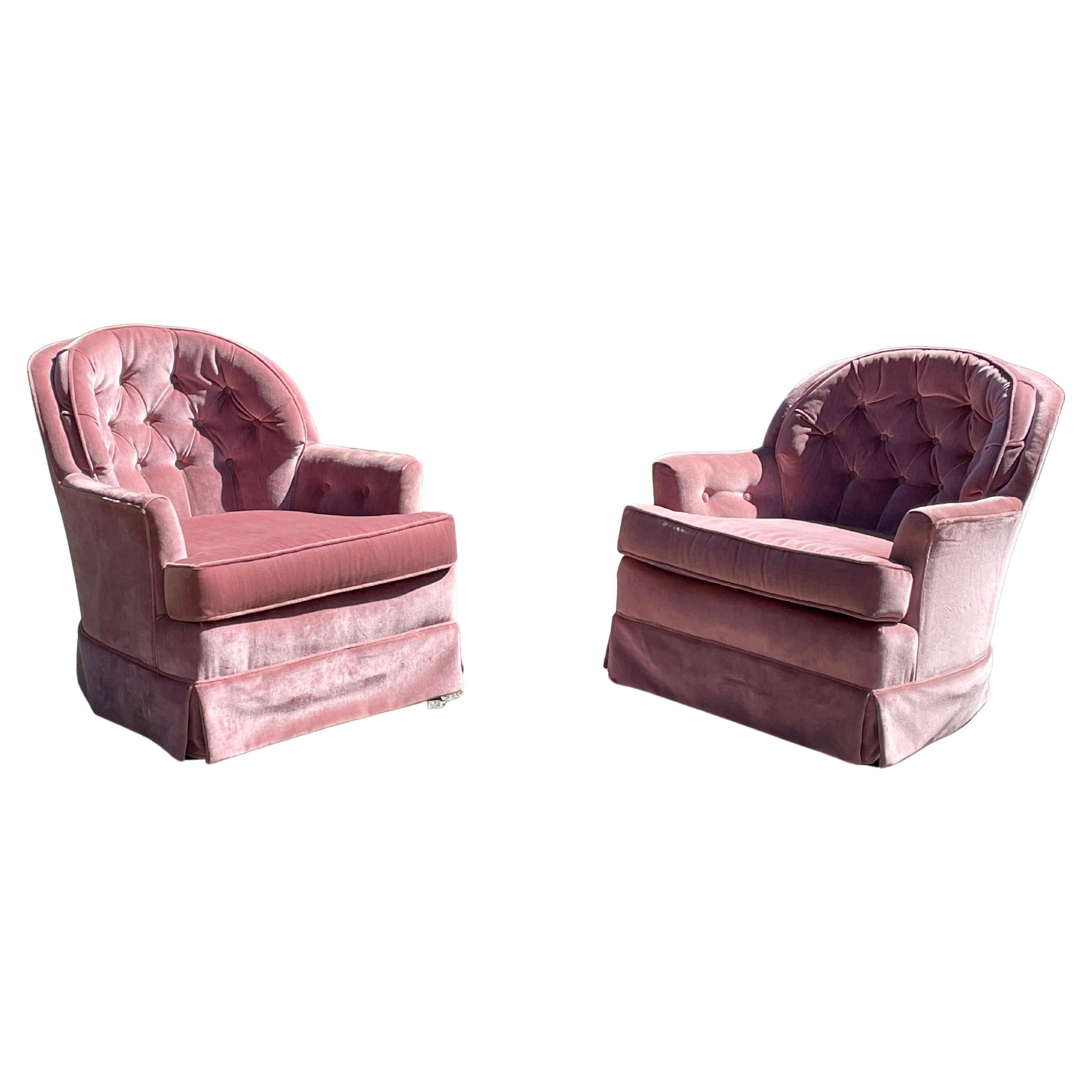 Pair of vintage 1960s classic pink swivel chairs. Gorgeous original crushed velvet. They swivel and rock. Petite size. Glamorous. Hollywood Regency. Very comfortable.

Original fabric is in nearly pristine condition. They are in near mint