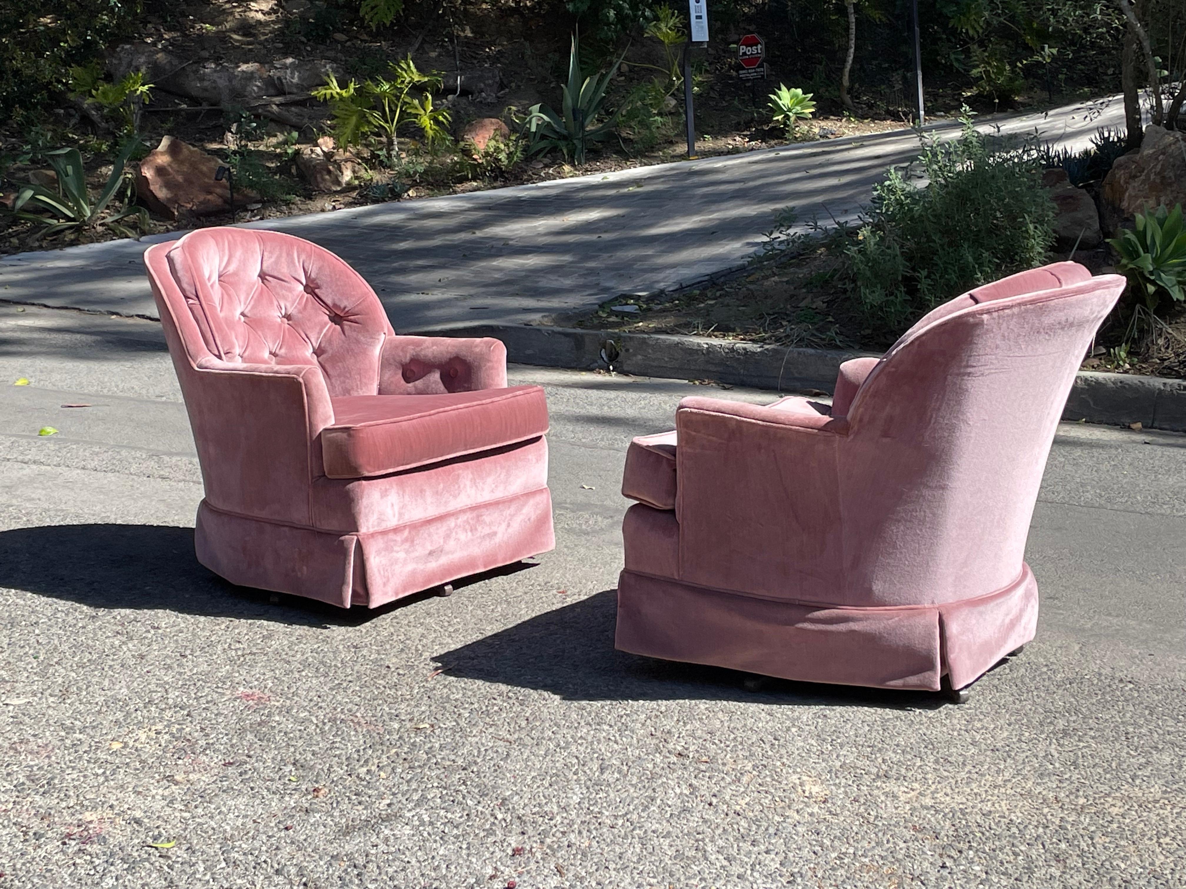 Mid-Century Modern Mid-Century Pink Crushed Velvet Swivel Chairs , circa 1960s